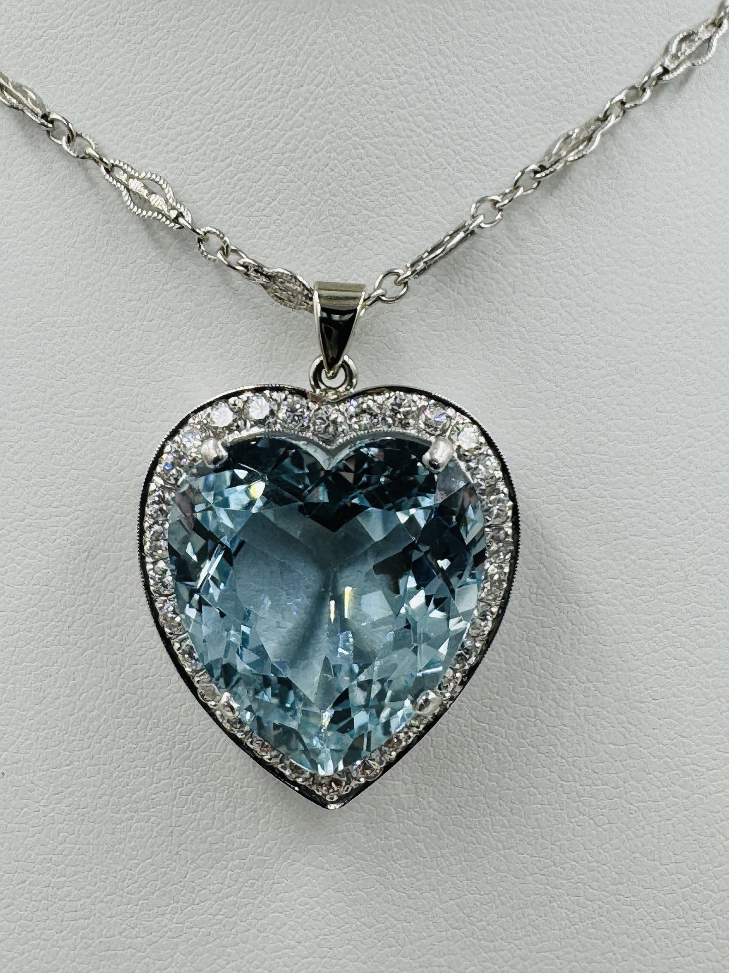 Mid Century Aquamarine Heart and Diamond Pendant Necklace Platinum 14k