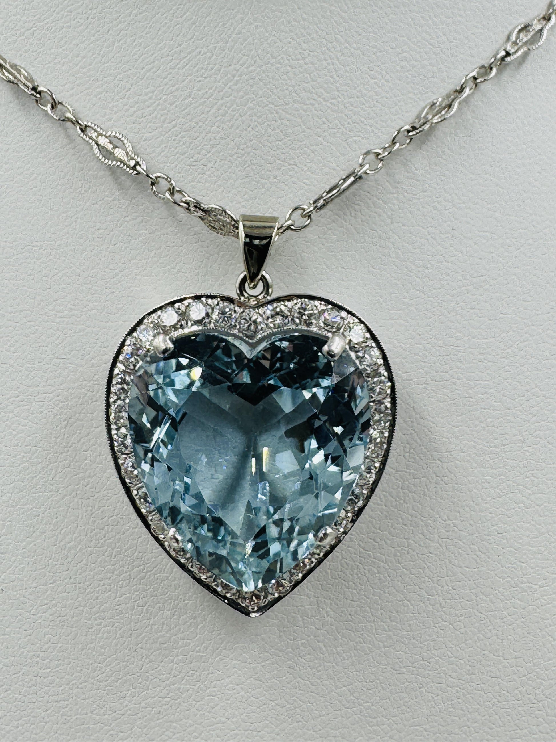 Mid Century Aquamarine Heart and Diamond Pendant Necklace Platinum 14k
