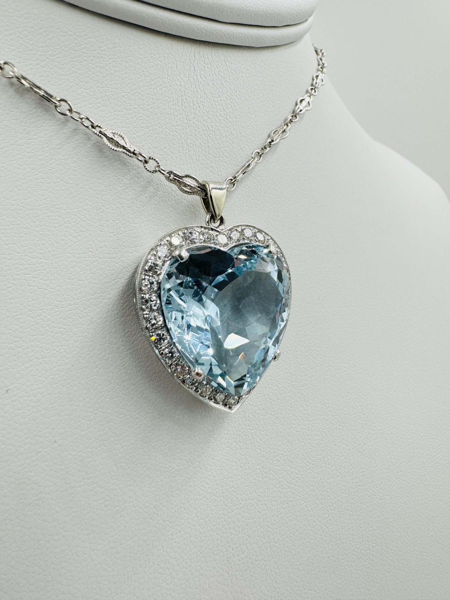 Mid Century Aquamarine Heart and Diamond Pendant Necklace Platinum 14k