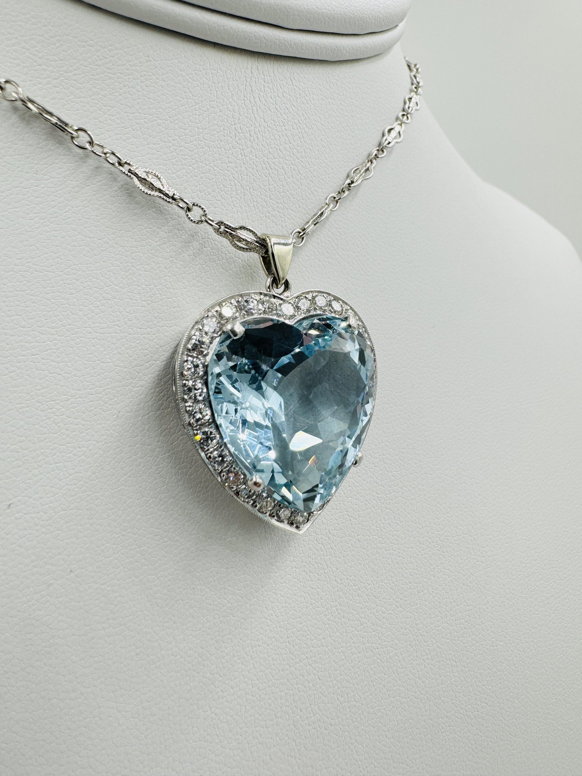 Mid Century Aquamarine Heart and Diamond Pendant Necklace Platinum 14k