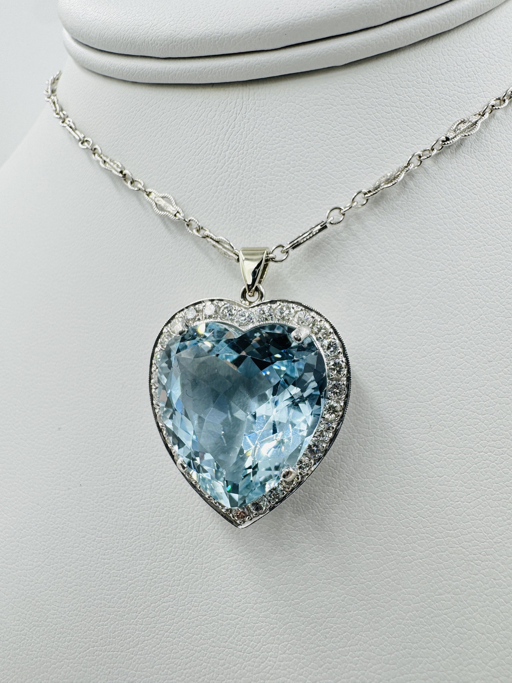 Mid Century Aquamarine Heart and Diamond Pendant Necklace Platinum 14k