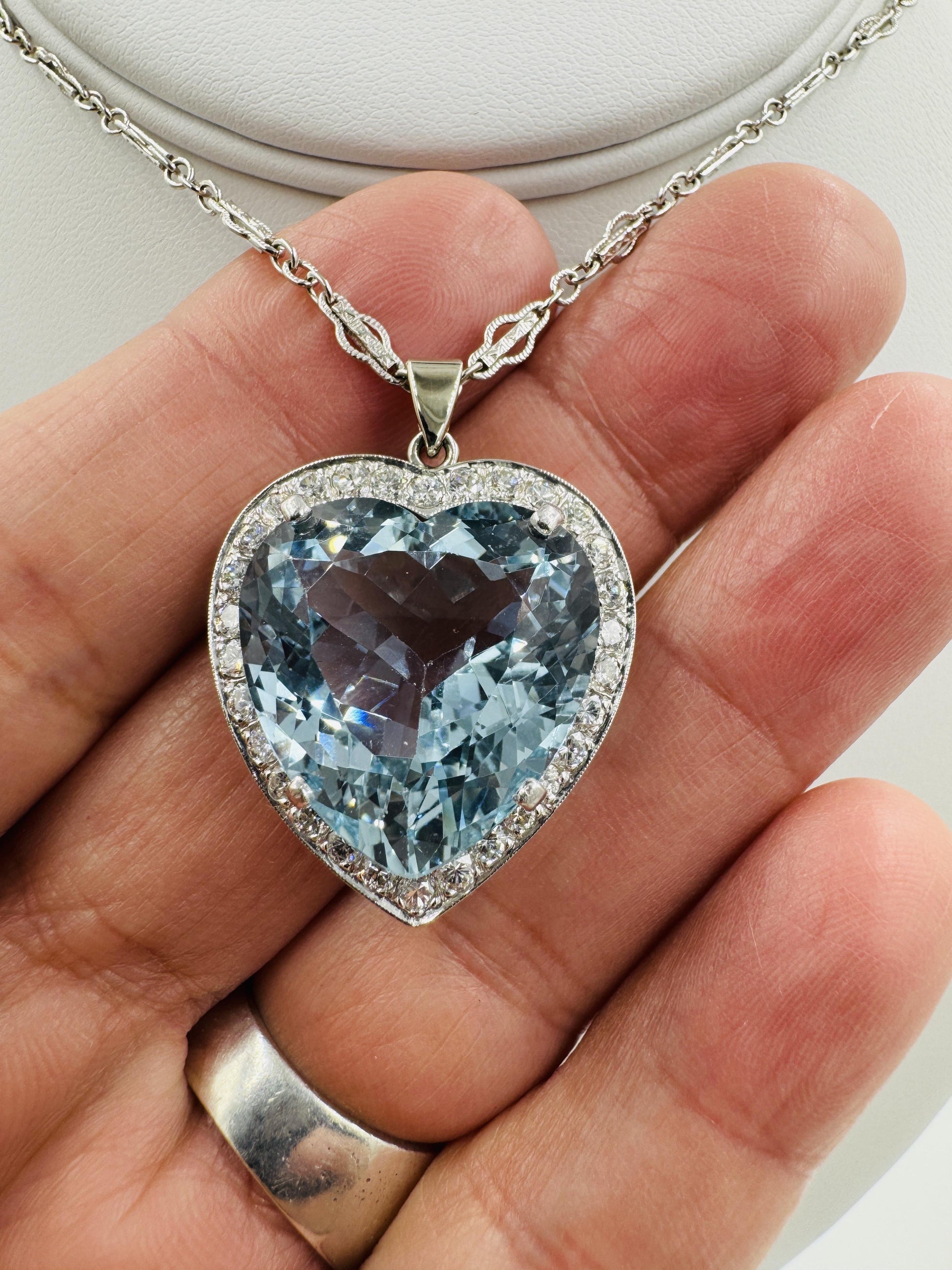 Mid Century Aquamarine Heart and Diamond Pendant Necklace Platinum 14k
