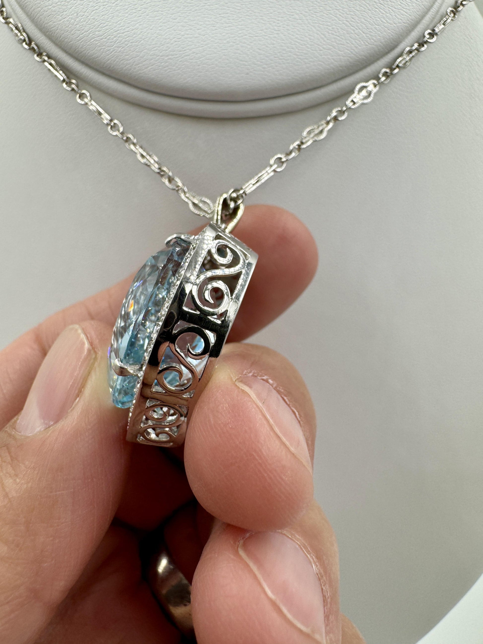 Mid Century Aquamarine Heart and Diamond Pendant Necklace Platinum 14k