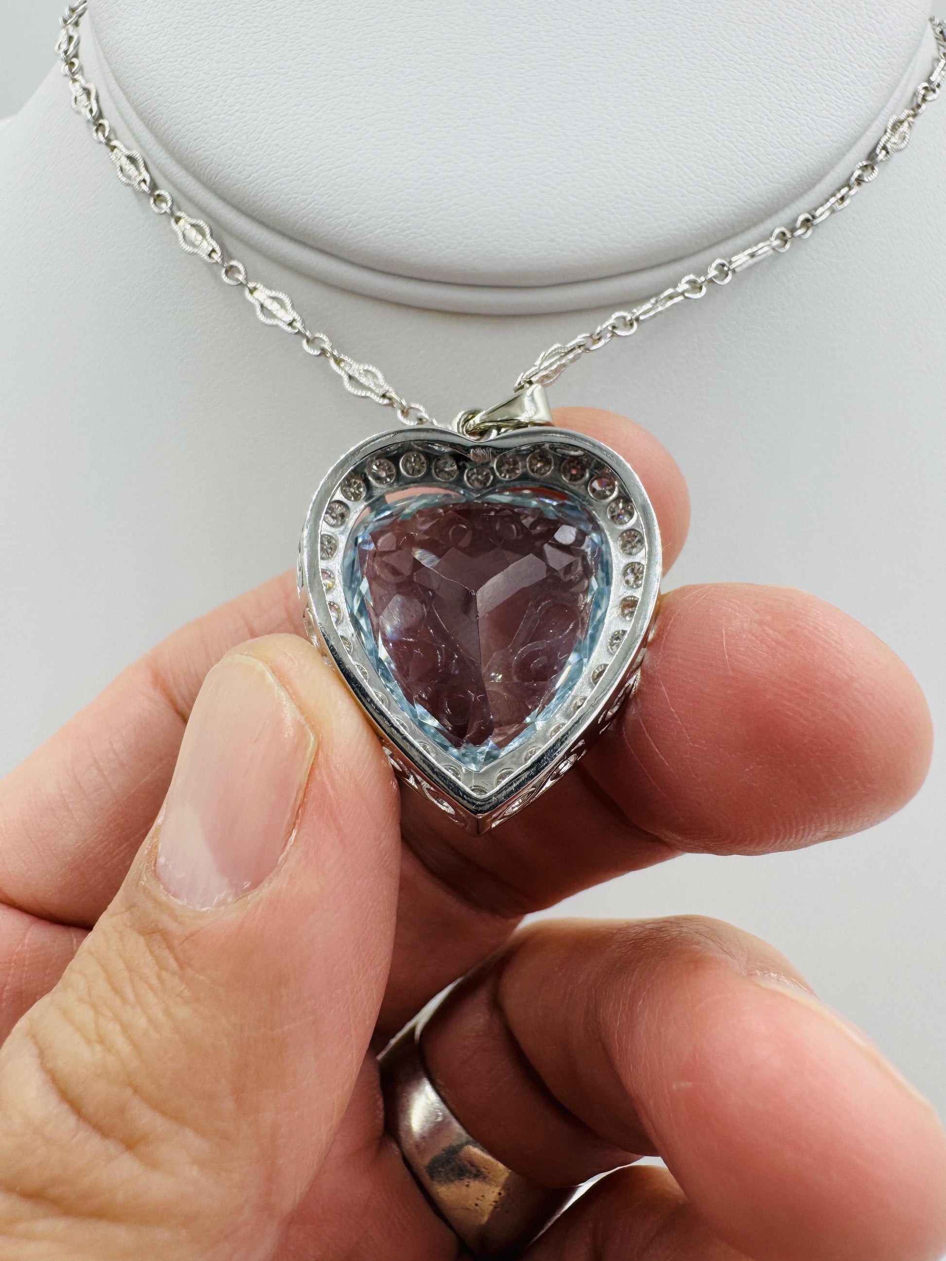 Mid Century Aquamarine Heart and Diamond Pendant Necklace Platinum 14k