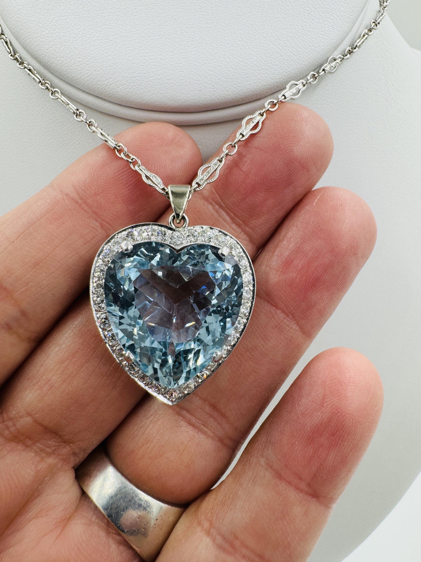 Mid Century Aquamarine Heart and Diamond Pendant Necklace Platinum 14k