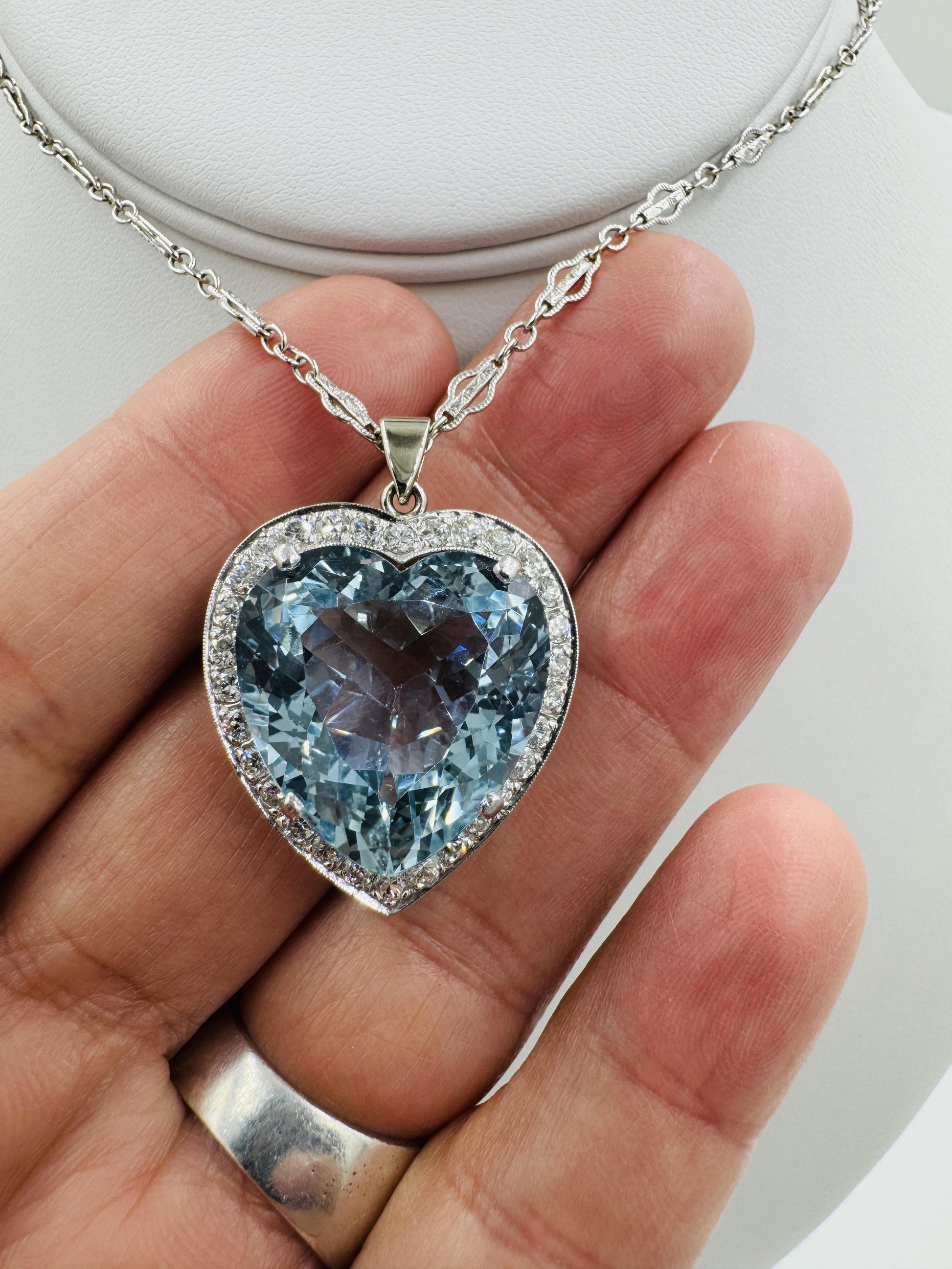 Mid Century Aquamarine Heart and Diamond Pendant Necklace Platinum 14k