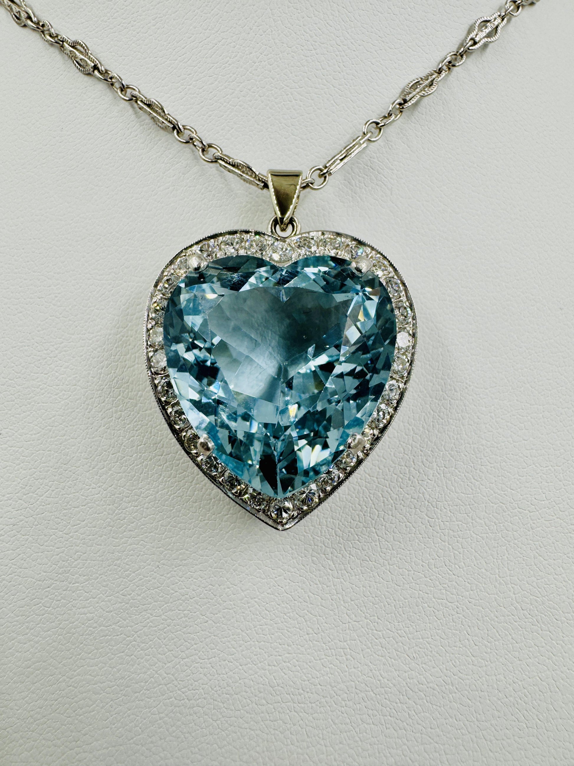 Mid Century Aquamarine Heart and Diamond Pendant Necklace Platinum 14k