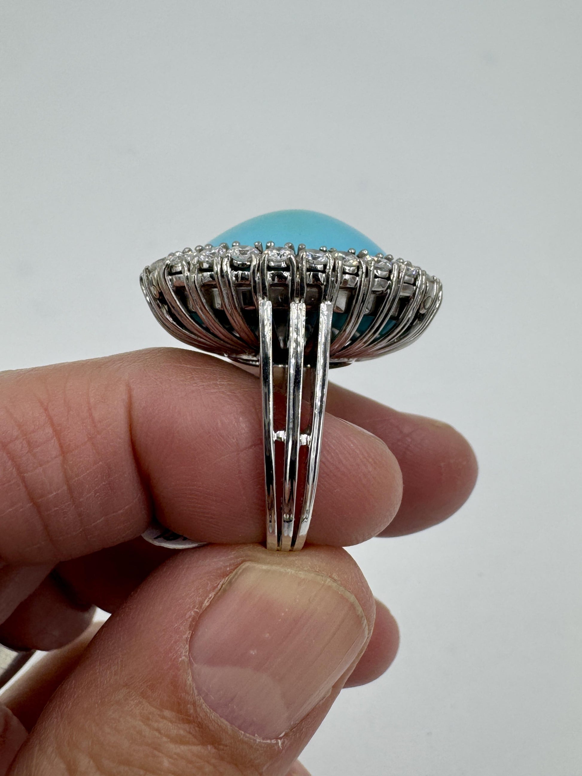 Mid Century 18k White Gold Turquoise Diamond Halo Cocktail Ring