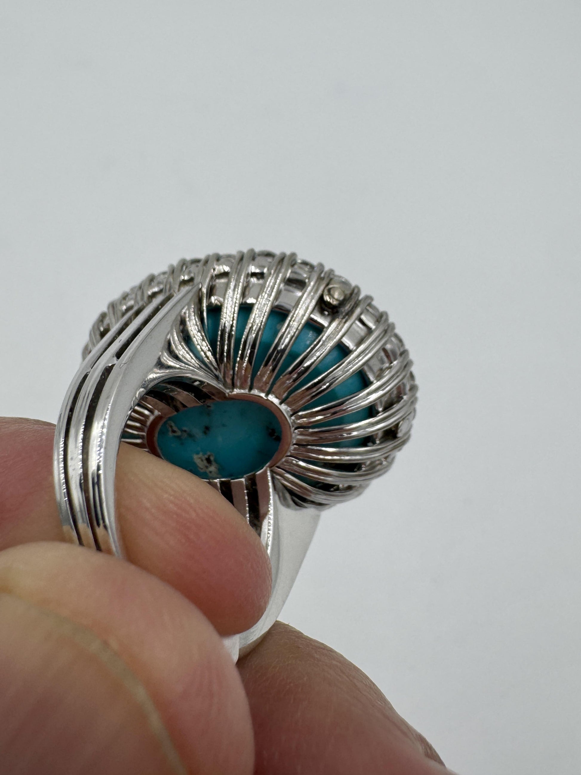 Mid Century 18k White Gold Turquoise Diamond Halo Cocktail Ring