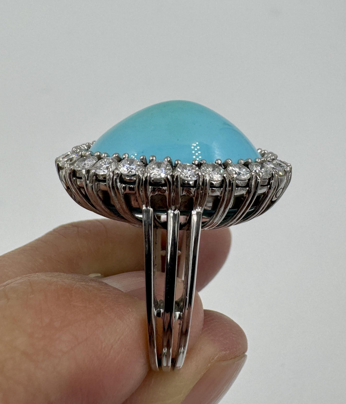Mid Century 18k White Gold Turquoise Diamond Halo Cocktail Ring