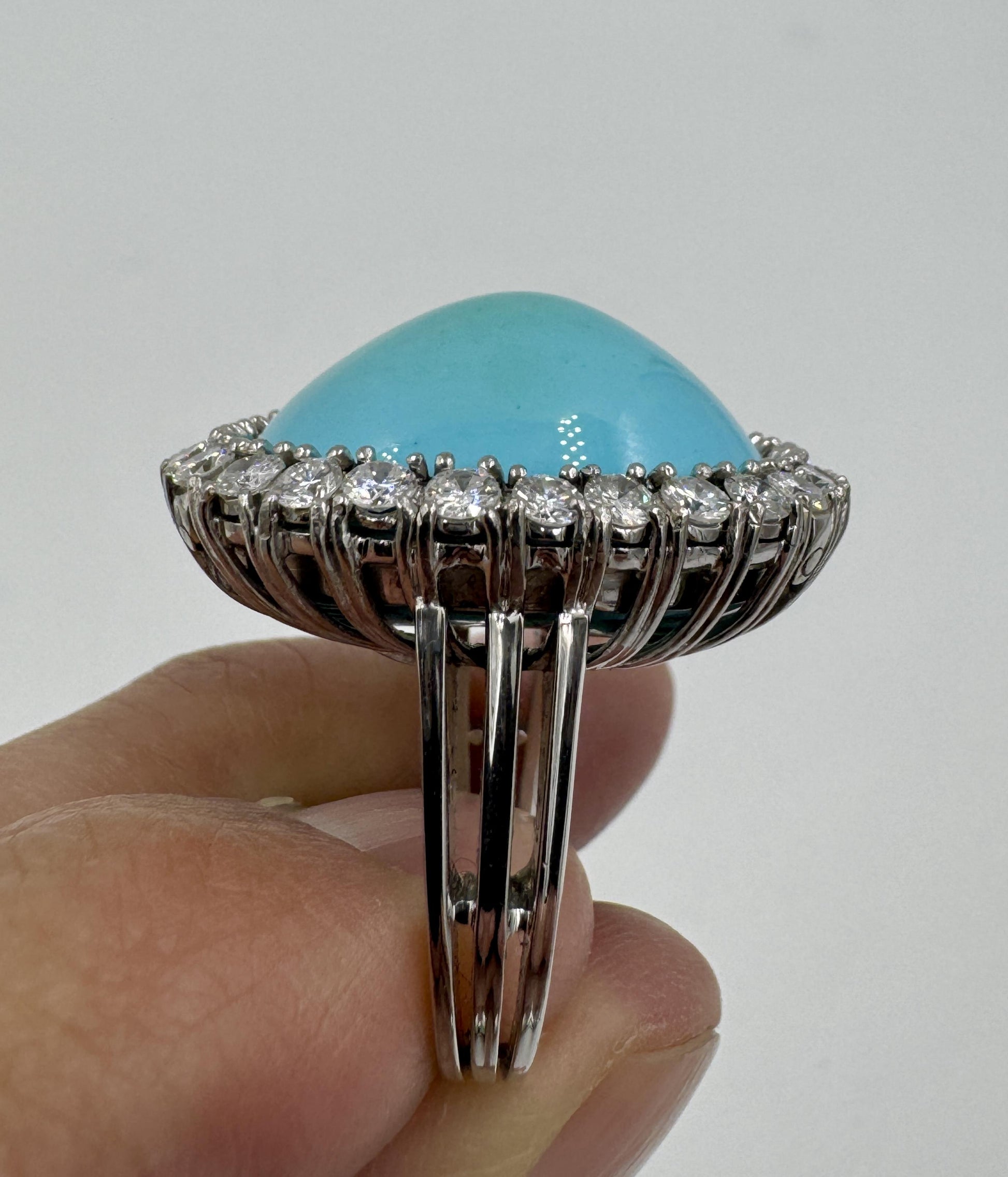 Mid Century 18k White Gold Turquoise Diamond Halo Cocktail Ring