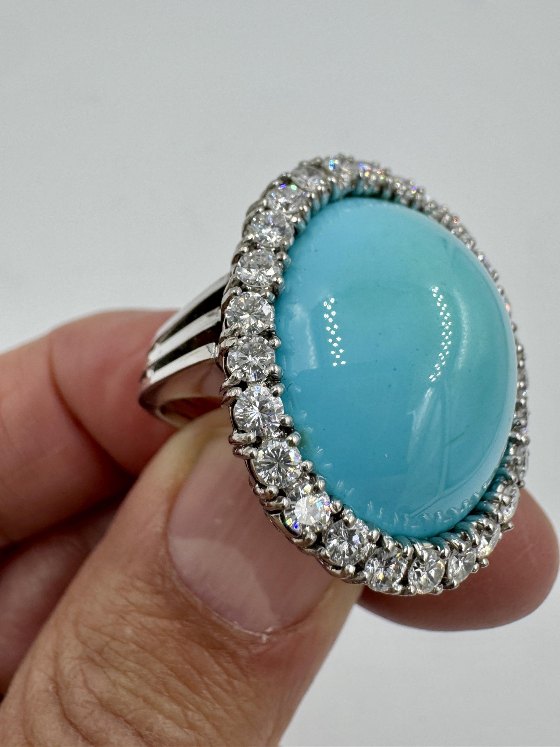 Mid Century 18k White Gold Turquoise Diamond Halo Cocktail Ring