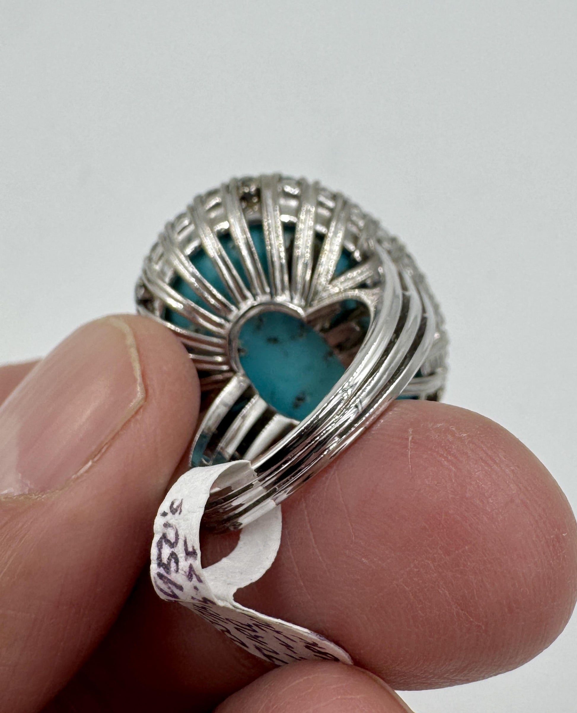 Mid Century 18k White Gold Turquoise Diamond Halo Cocktail Ring