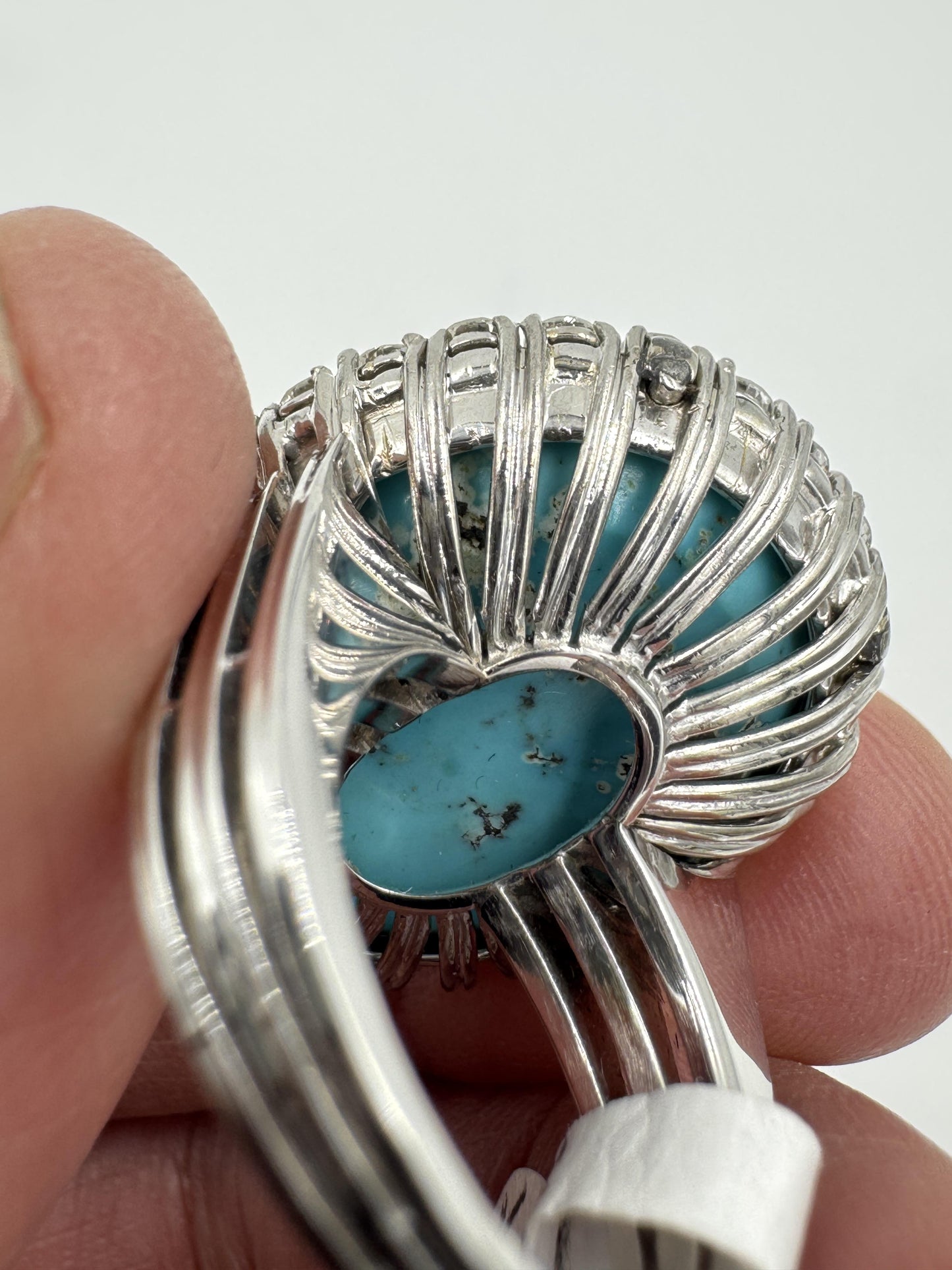 Mid Century 18k White Gold Turquoise Diamond Halo Cocktail Ring