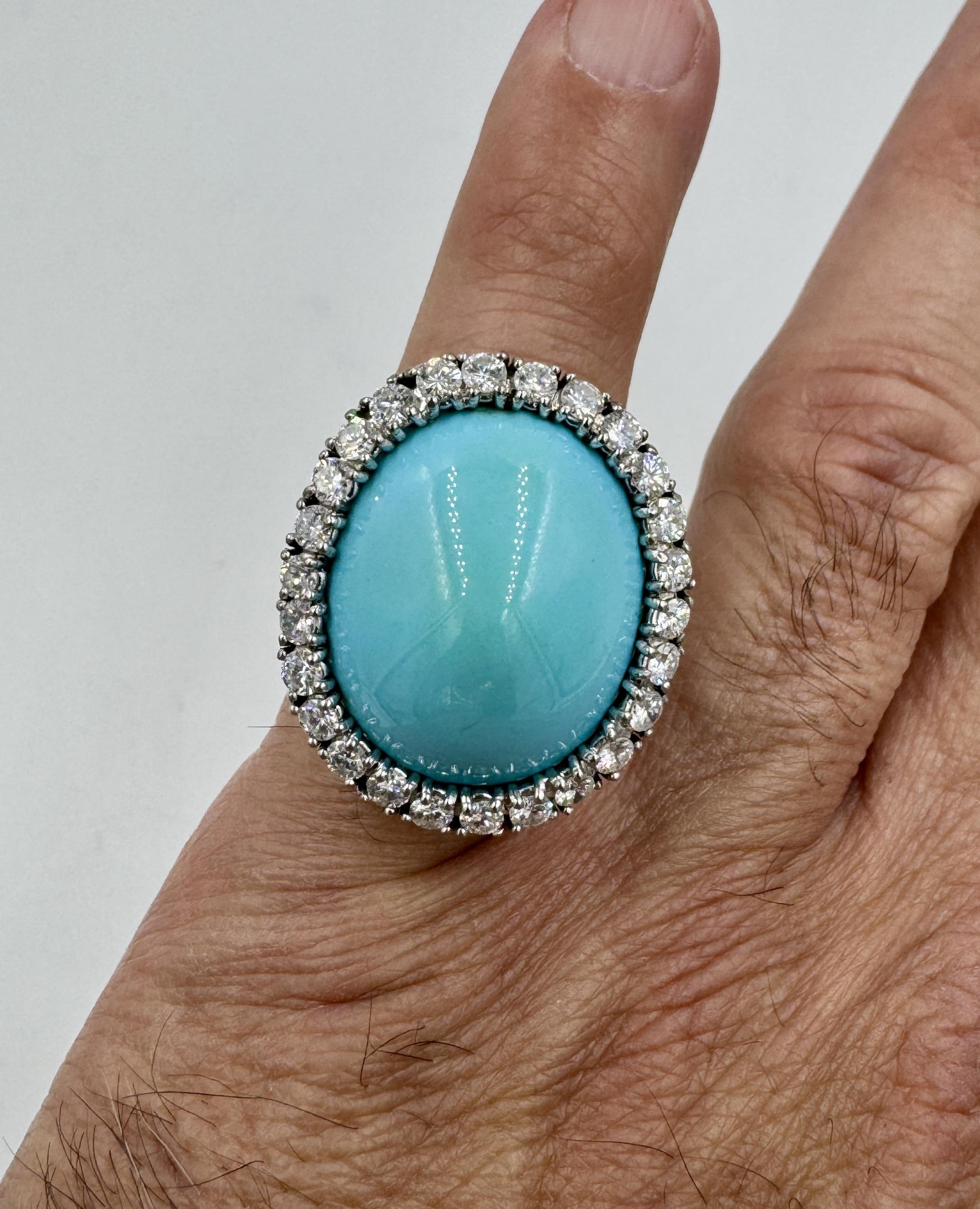 Mid Century 18k White Gold Turquoise Diamond Halo Cocktail Ring