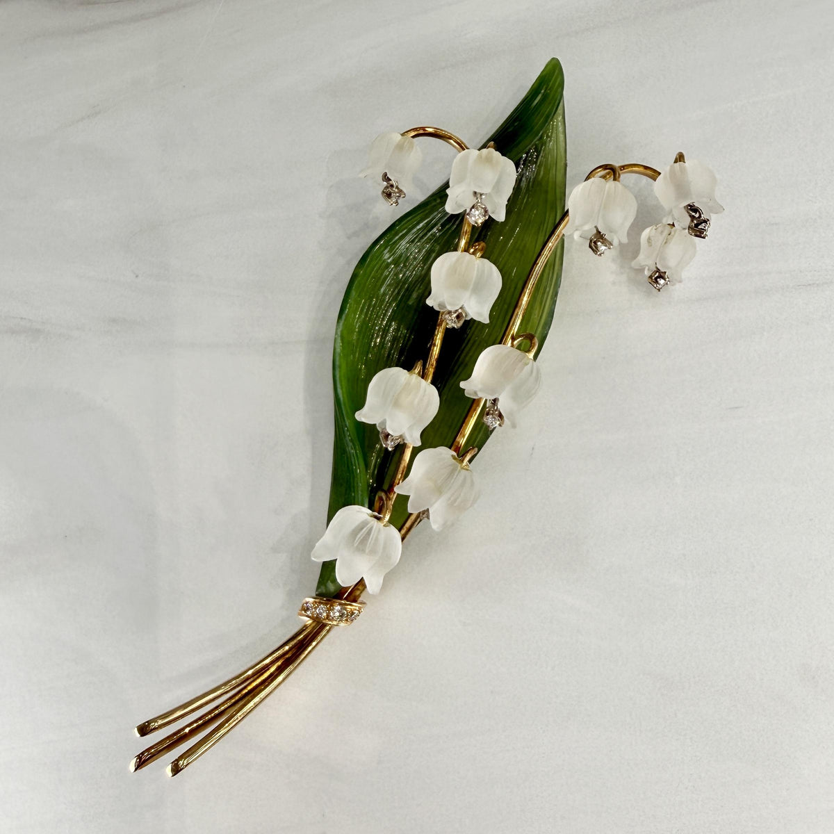 1960's Jul. Hugler Lily of the Valley Jade & Rock Crystal Diamond Brooch 18k