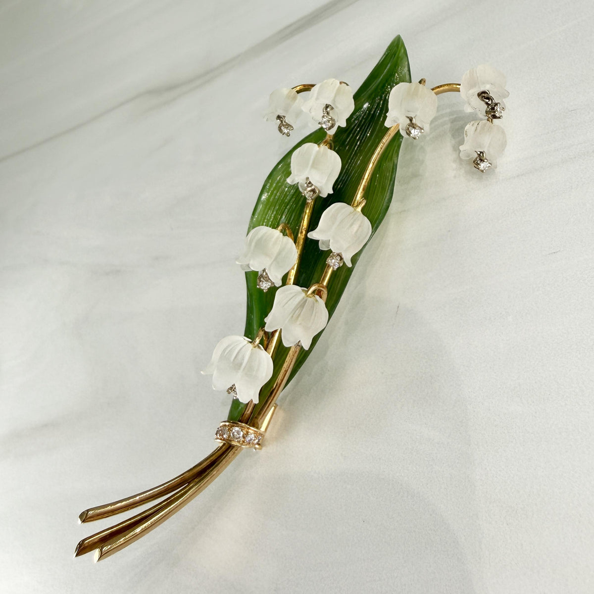 1960's Jul. Hugler Lily of the Valley Jade & Rock Crystal Diamond Brooch 18k
