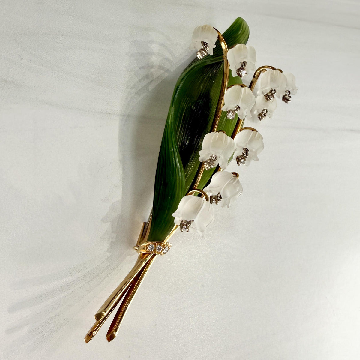1960's Jul. Hugler Lily of the Valley Jade & Rock Crystal Diamond Brooch 18k