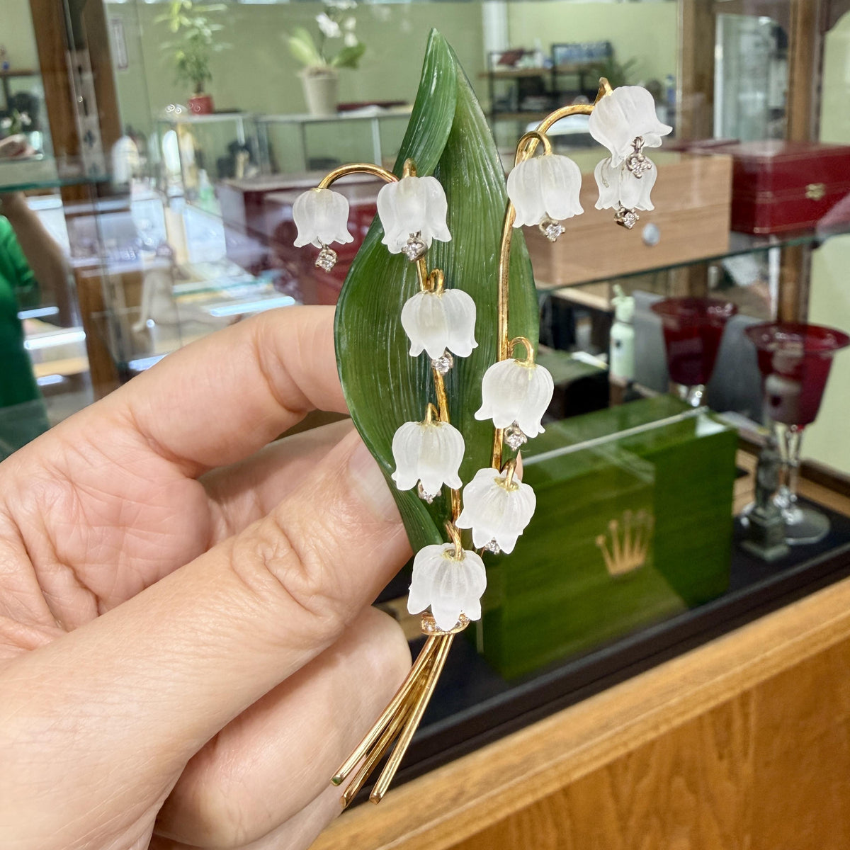 1960's Jul. Hugler Lily of the Valley Jade & Rock Crystal Diamond Brooch 18k
