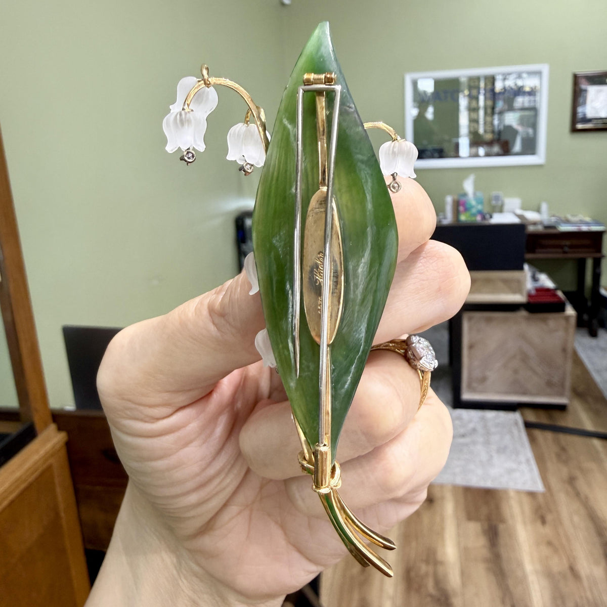 1960's Jul. Hugler Lily of the Valley Jade & Rock Crystal Diamond Brooch 18k