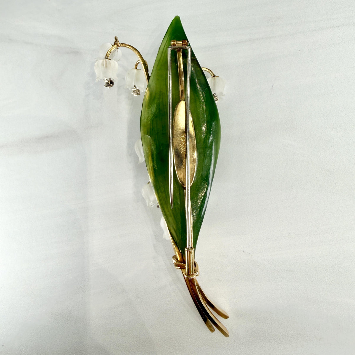 1960's Jul. Hugler Lily of the Valley Jade & Rock Crystal Diamond Brooch 18k