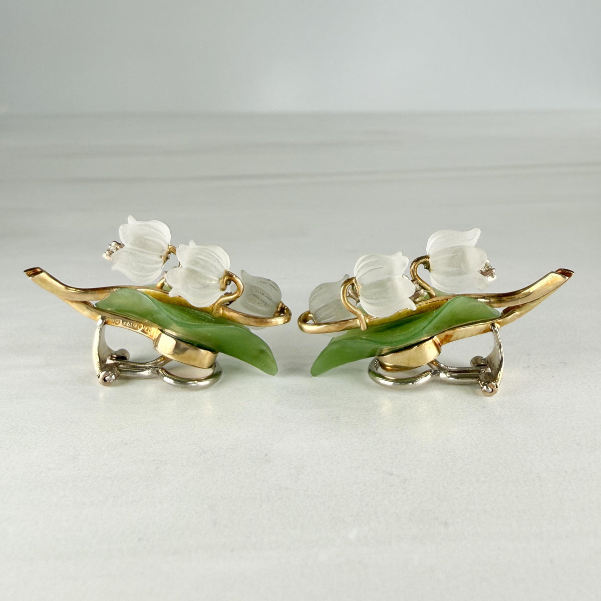 1960's Jul. Hugler Lily of the Valley Jade & Rock Crystal Diamond Earrings 18k