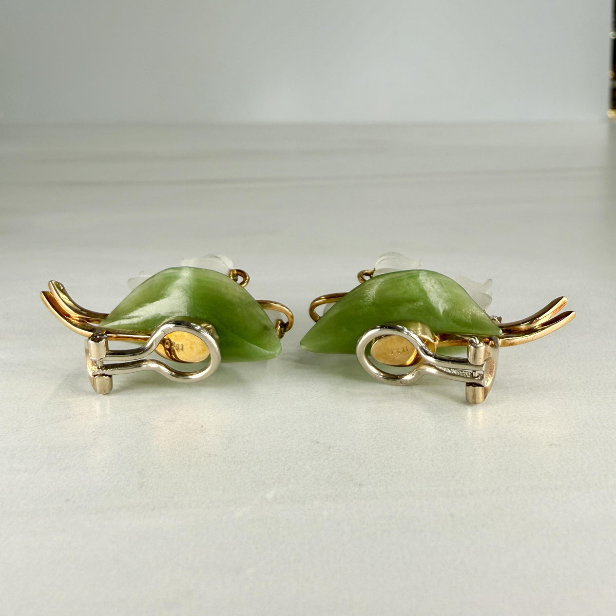 1960's Jul. Hugler Lily of the Valley Jade & Rock Crystal Diamond Earrings 18k