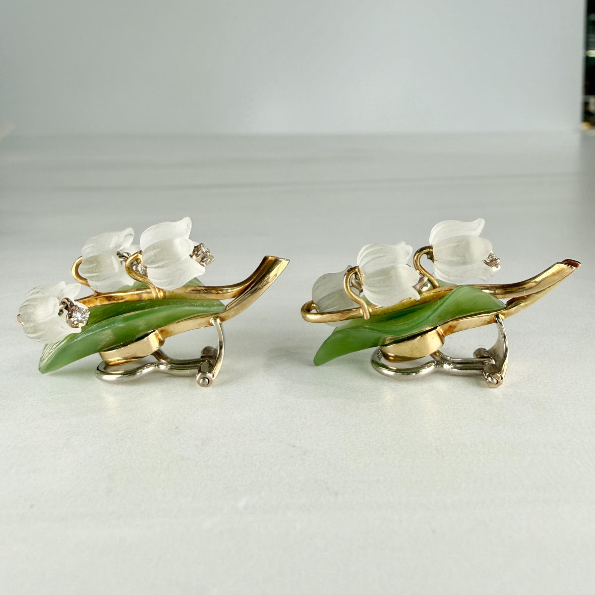 1960's Jul. Hugler Lily of the Valley Jade & Rock Crystal Diamond Earrings 18k