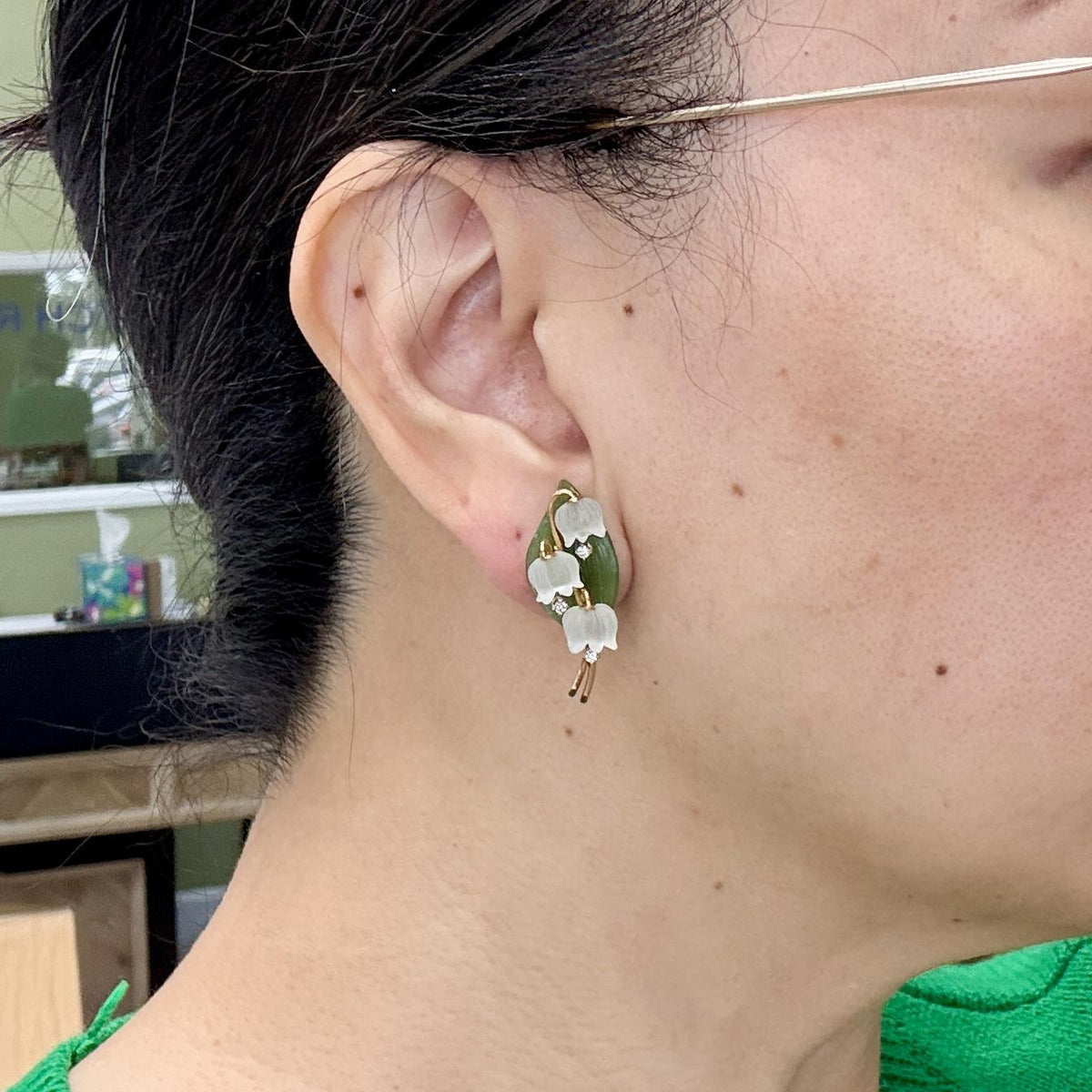 1960's Jul. Hugler Lily of the Valley Jade & Rock Crystal Diamond Earrings 18k