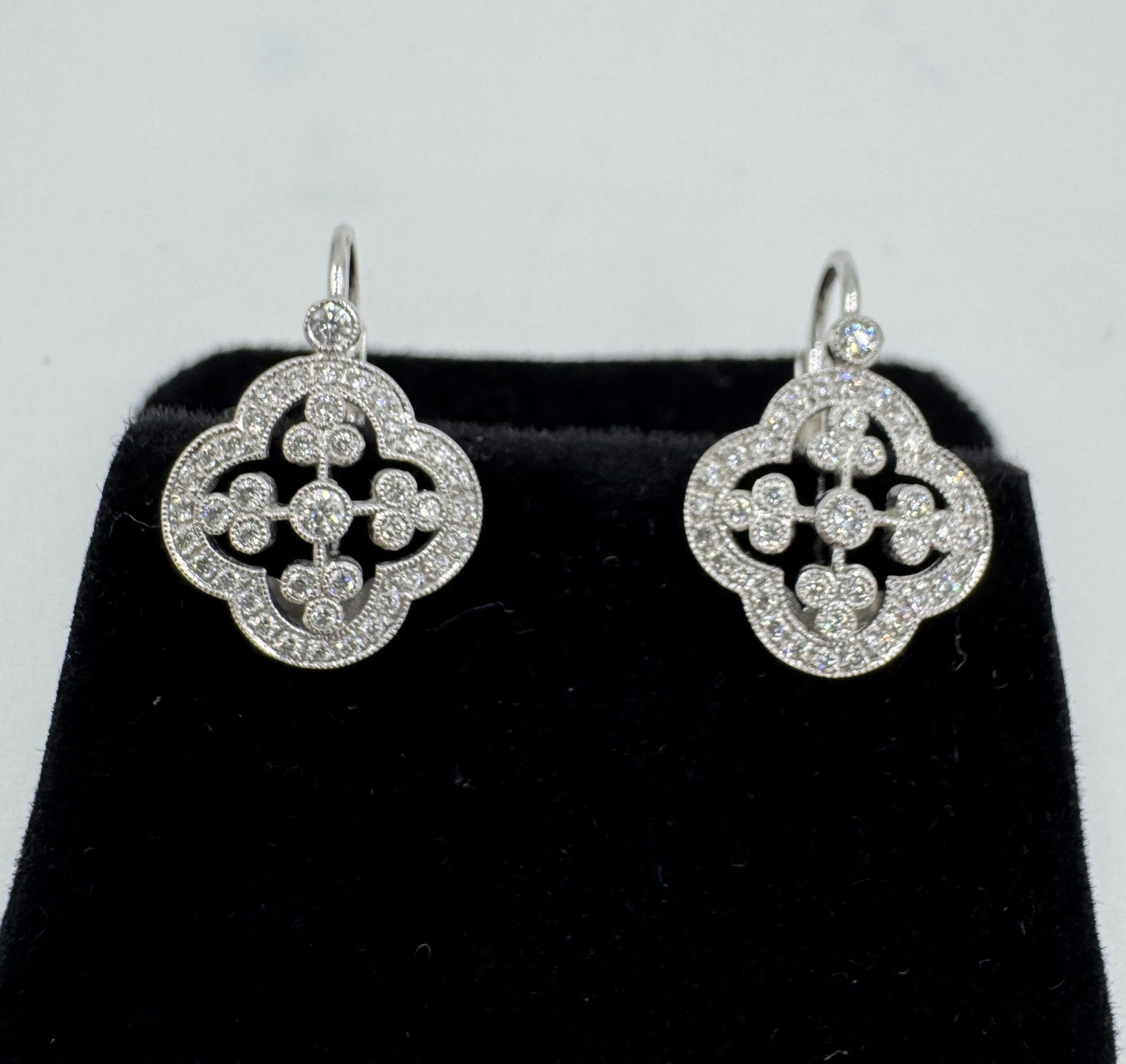 Designer Signed 18k White Gold Diamond dangle Earrings Lever Backs