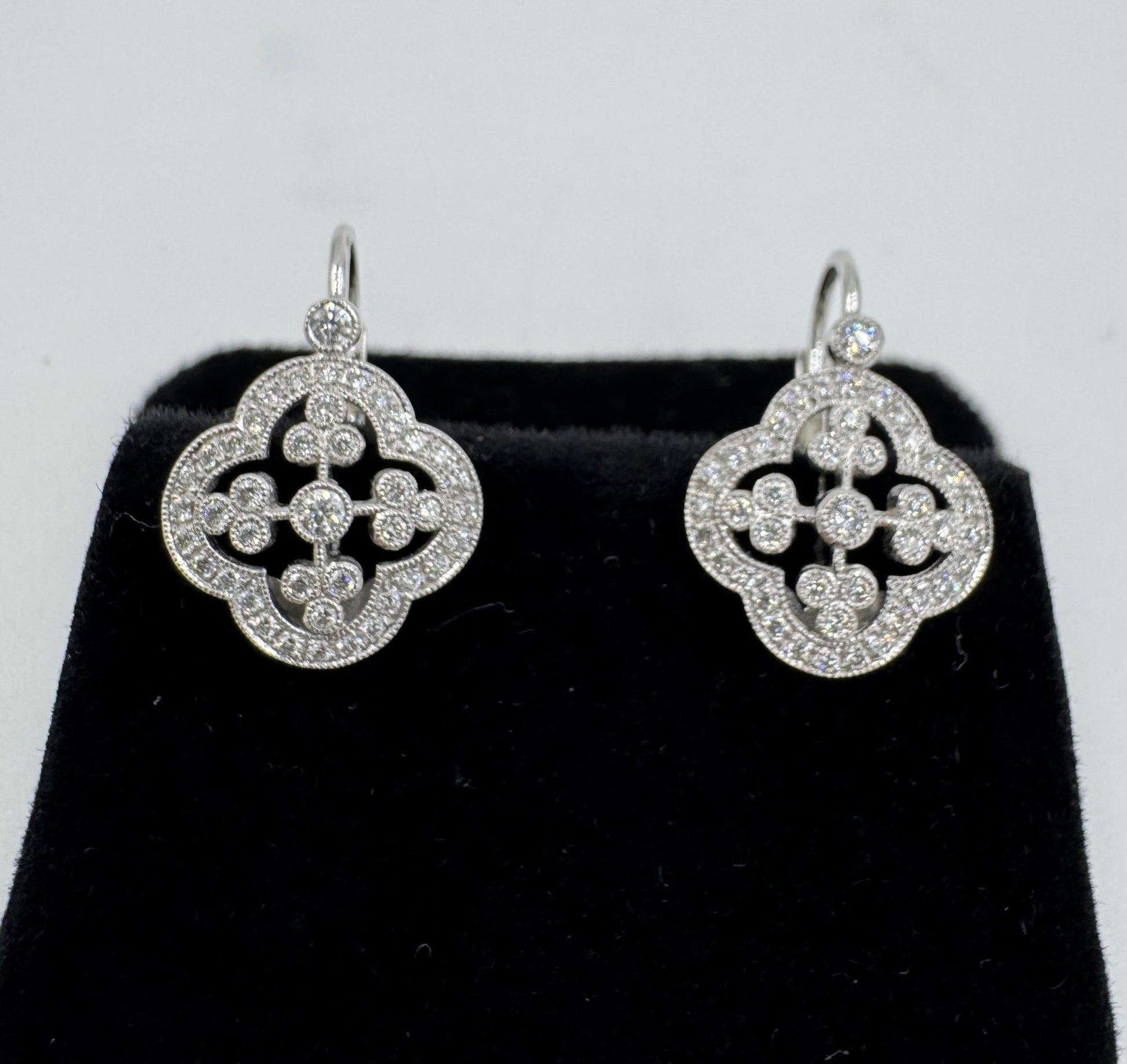 Designer Signed 18k White Gold Diamond dangle Earrings Lever Backs