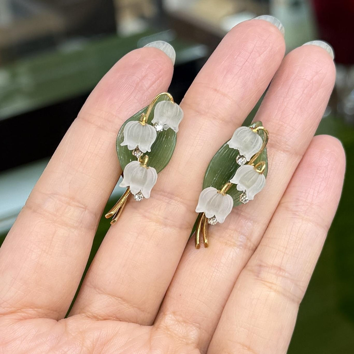 1960's Jul. Hugler Lily of the Valley Jade & Rock Crystal Diamond Earrings 18k