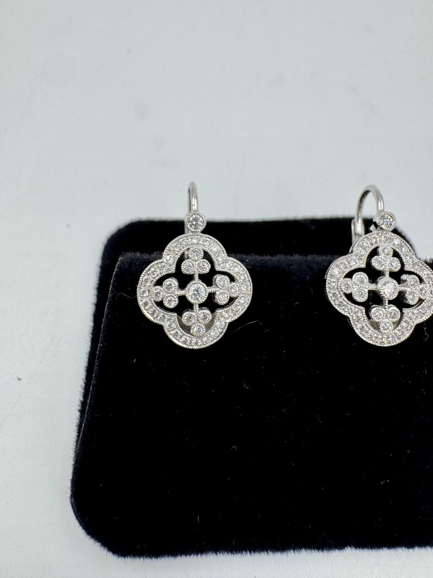 Designer Signed 18k White Gold Diamond dangle Earrings Lever Backs