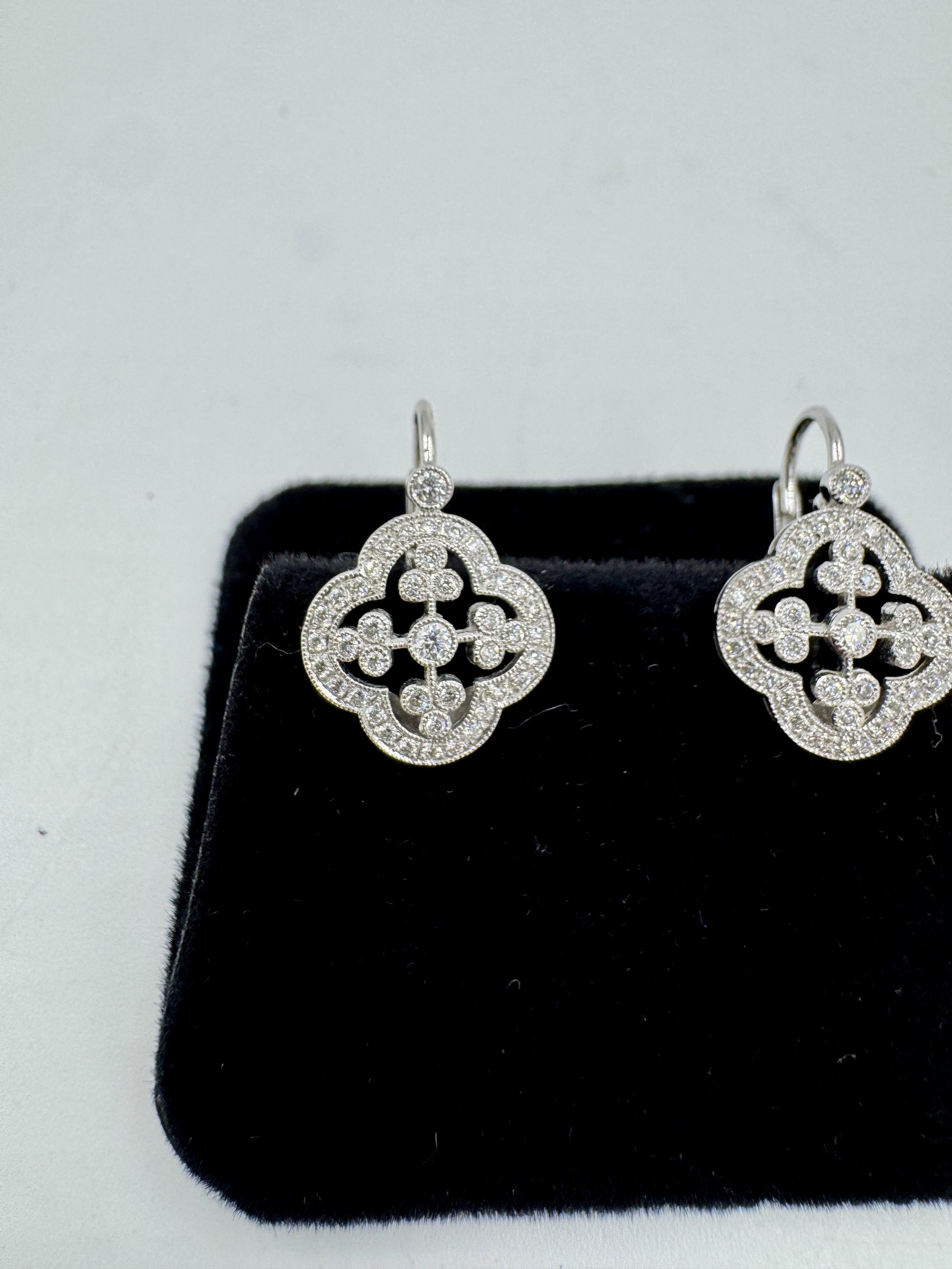 Designer Signed 18k White Gold Diamond dangle Earrings Lever Backs