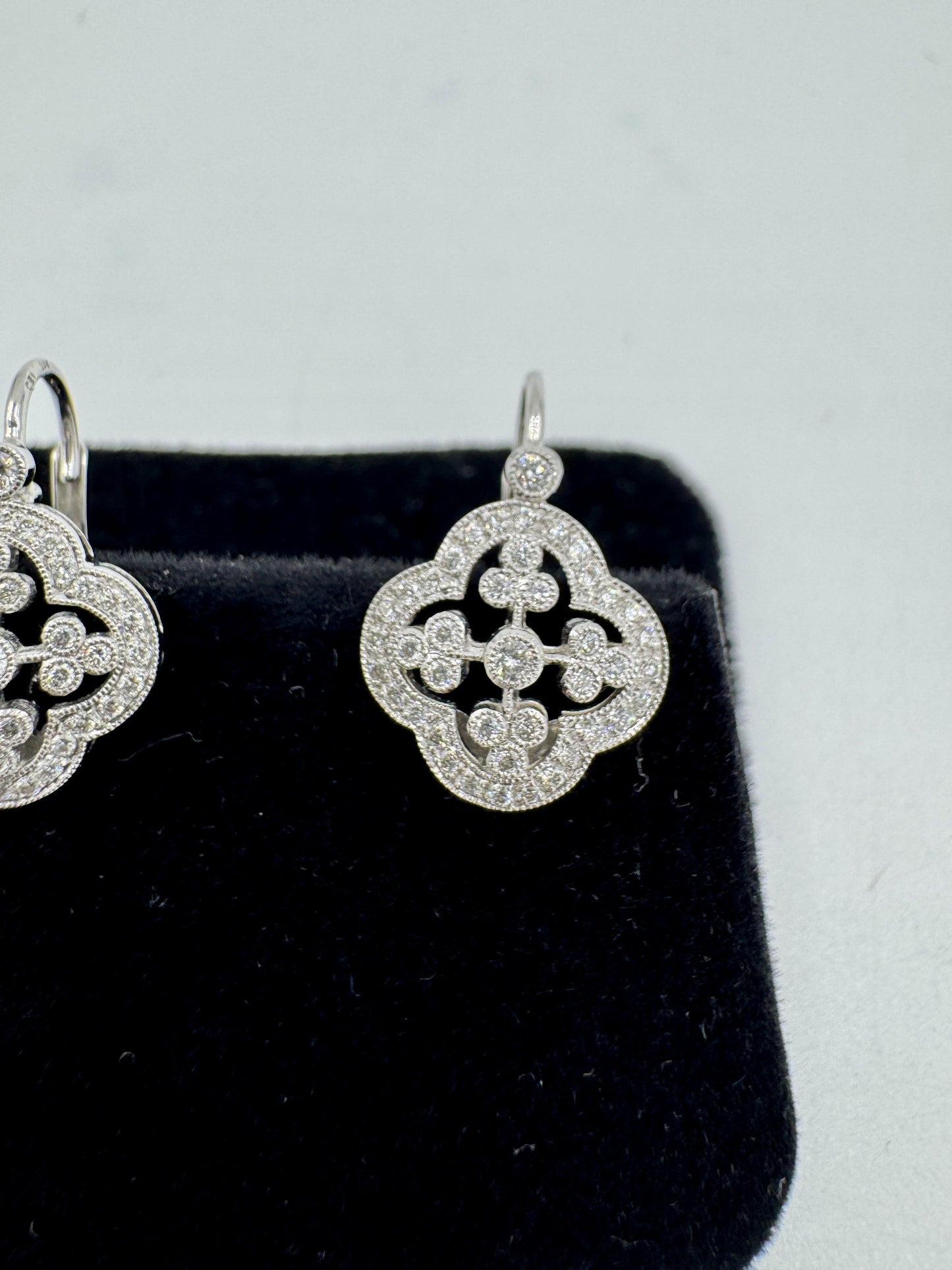Designer Signed 18k White Gold Diamond dangle Earrings Lever Backs