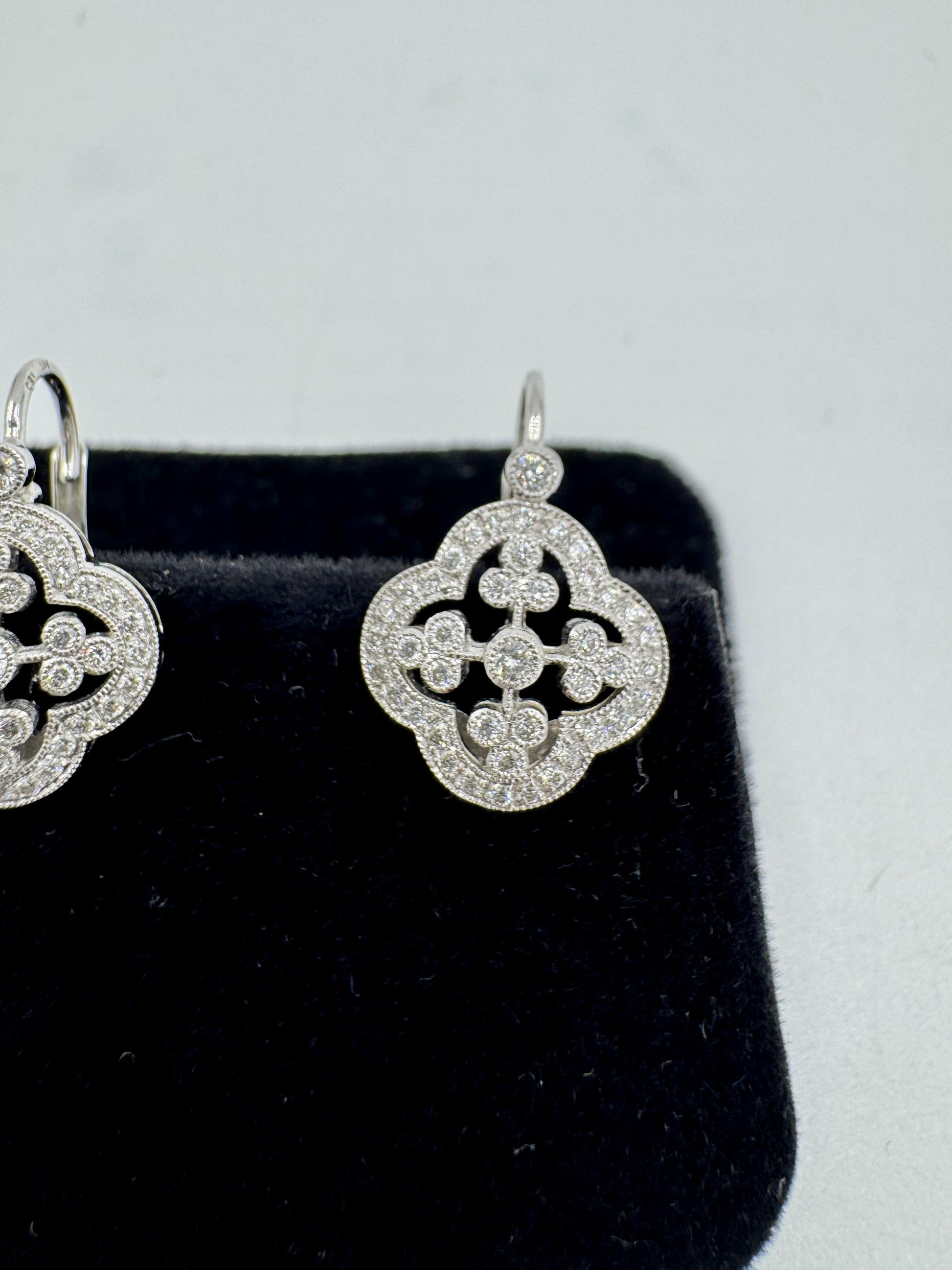 Designer Signed 18k White Gold Diamond dangle Earrings Lever Backs