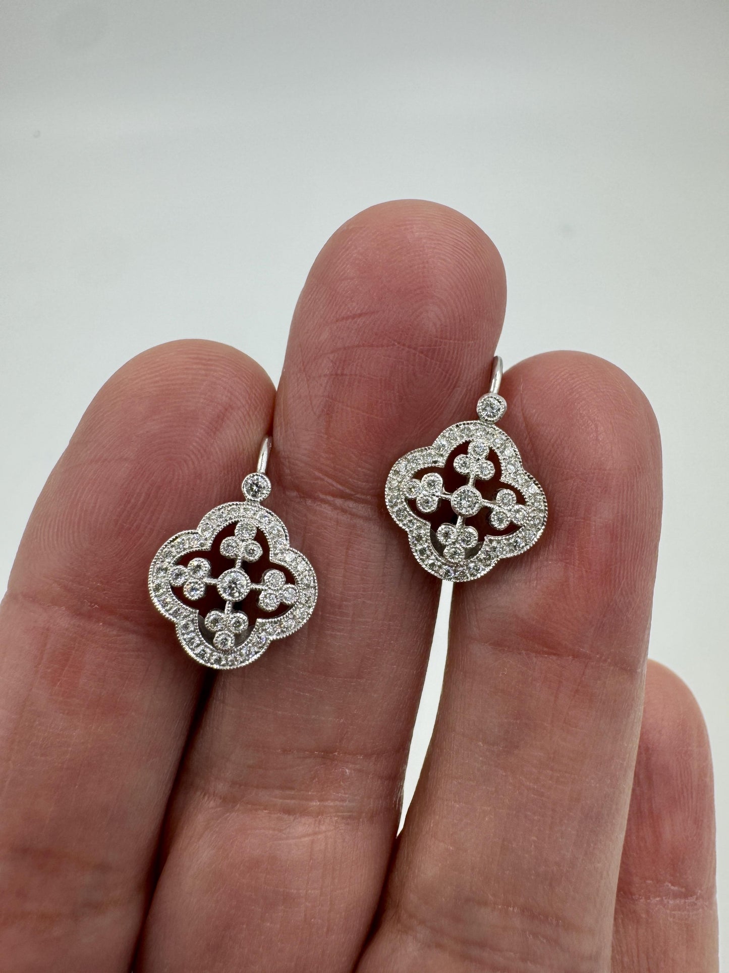 Designer Signed 18k White Gold Diamond dangle Earrings Lever Backs