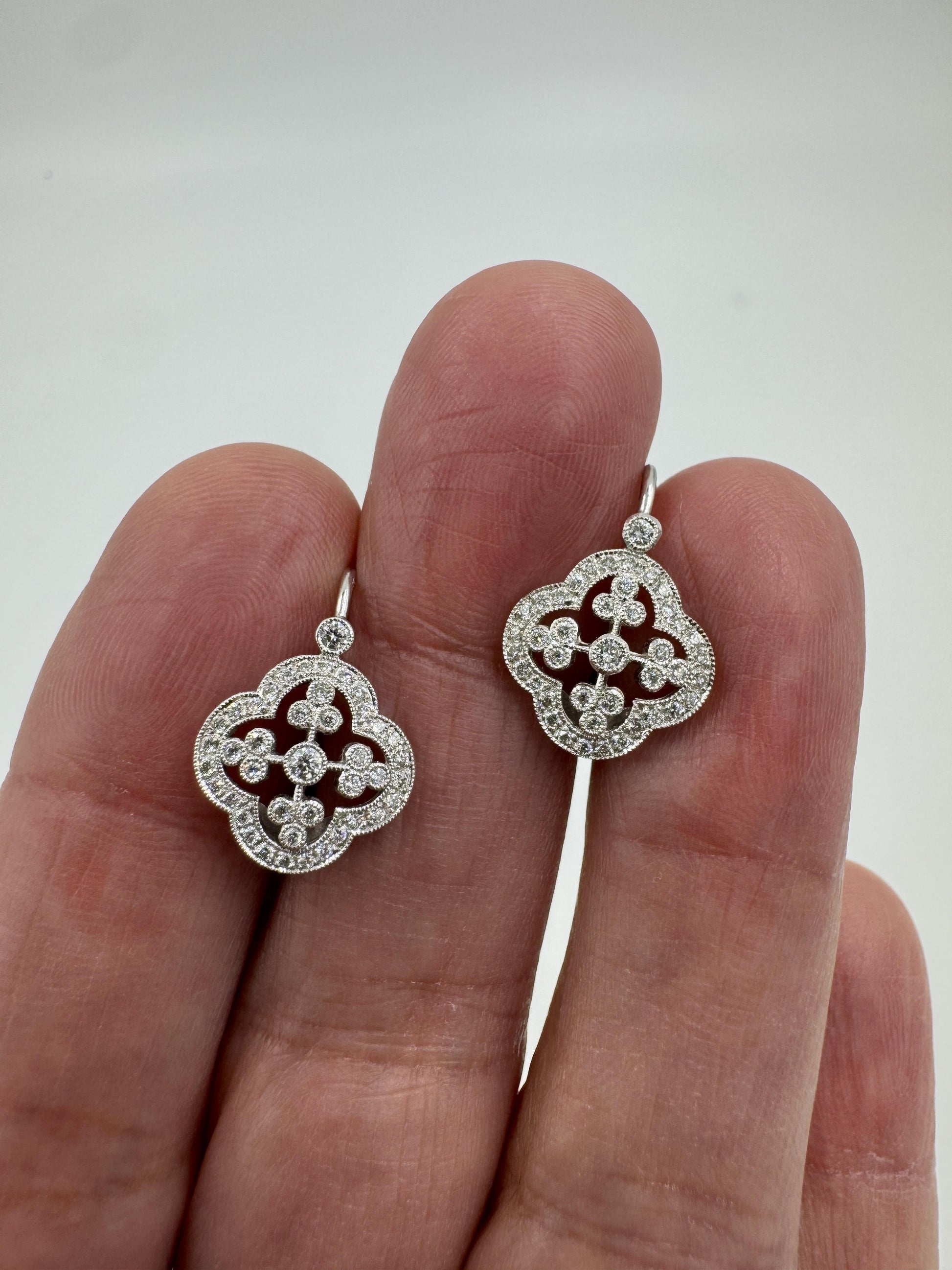 Designer Signed 18k White Gold Diamond dangle Earrings Lever Backs