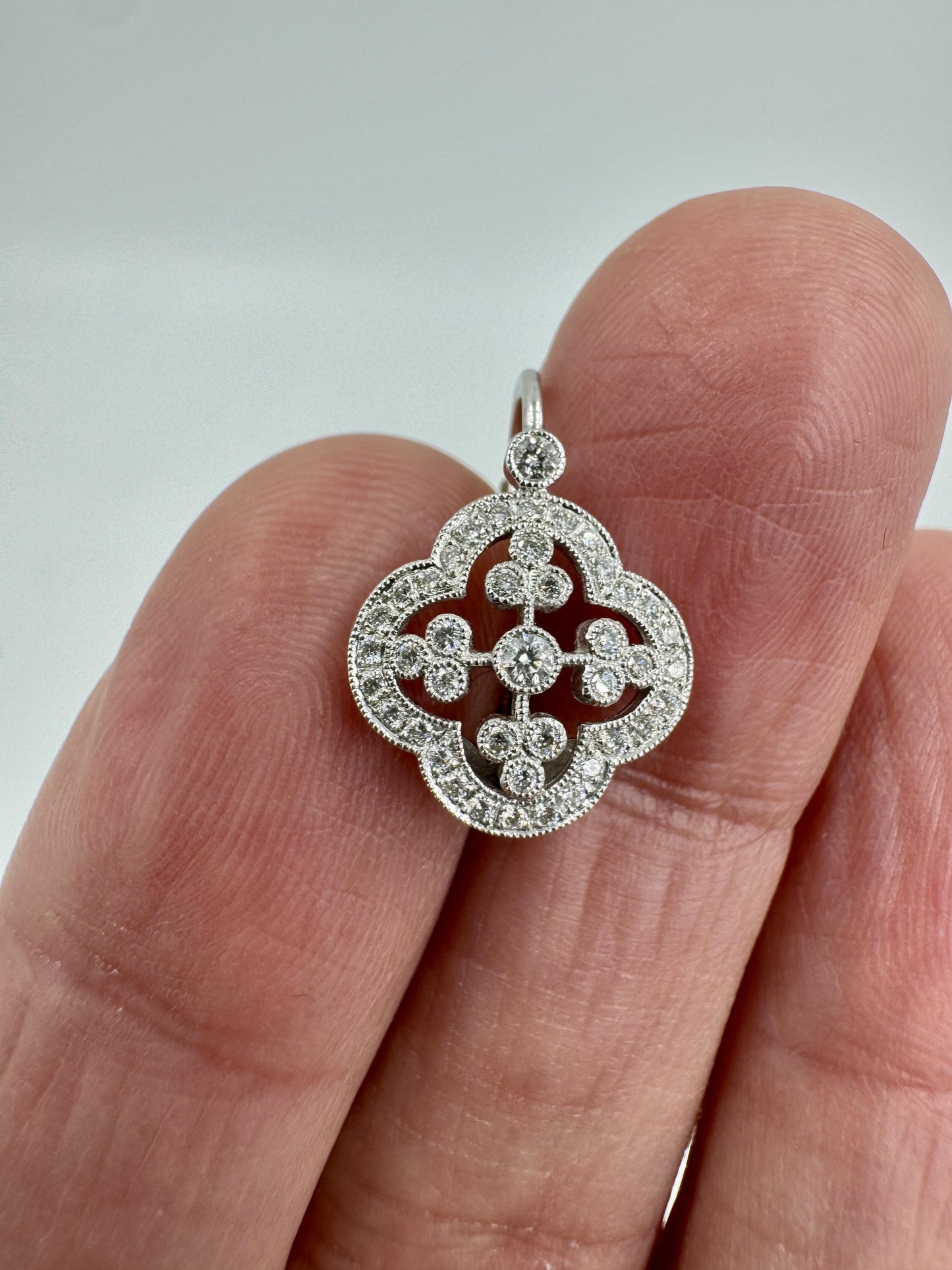 Designer Signed 18k White Gold Diamond dangle Earrings Lever Backs