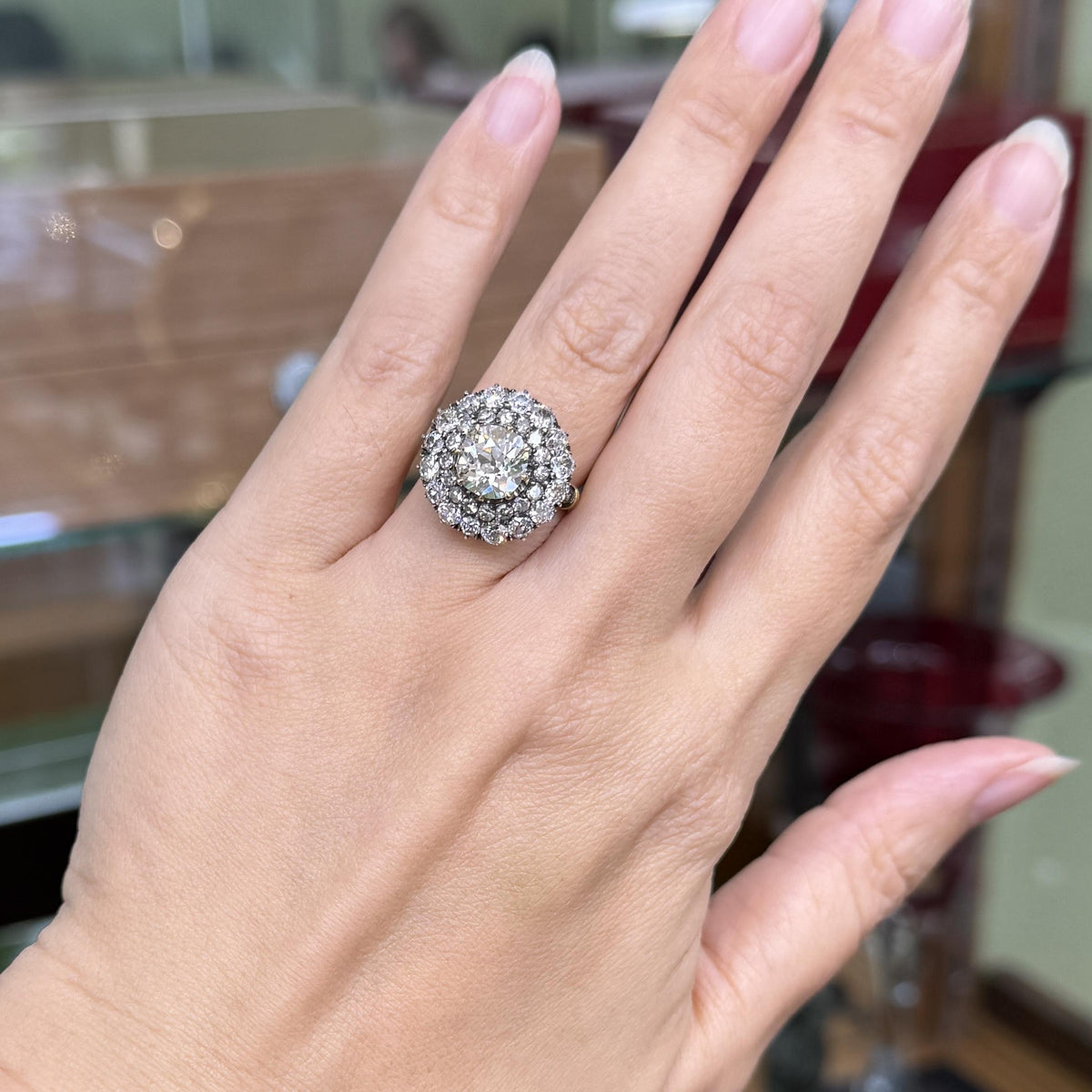 Vintage Old Mine Cut Double Halo Diamond Engagement Ring 18k/Silver