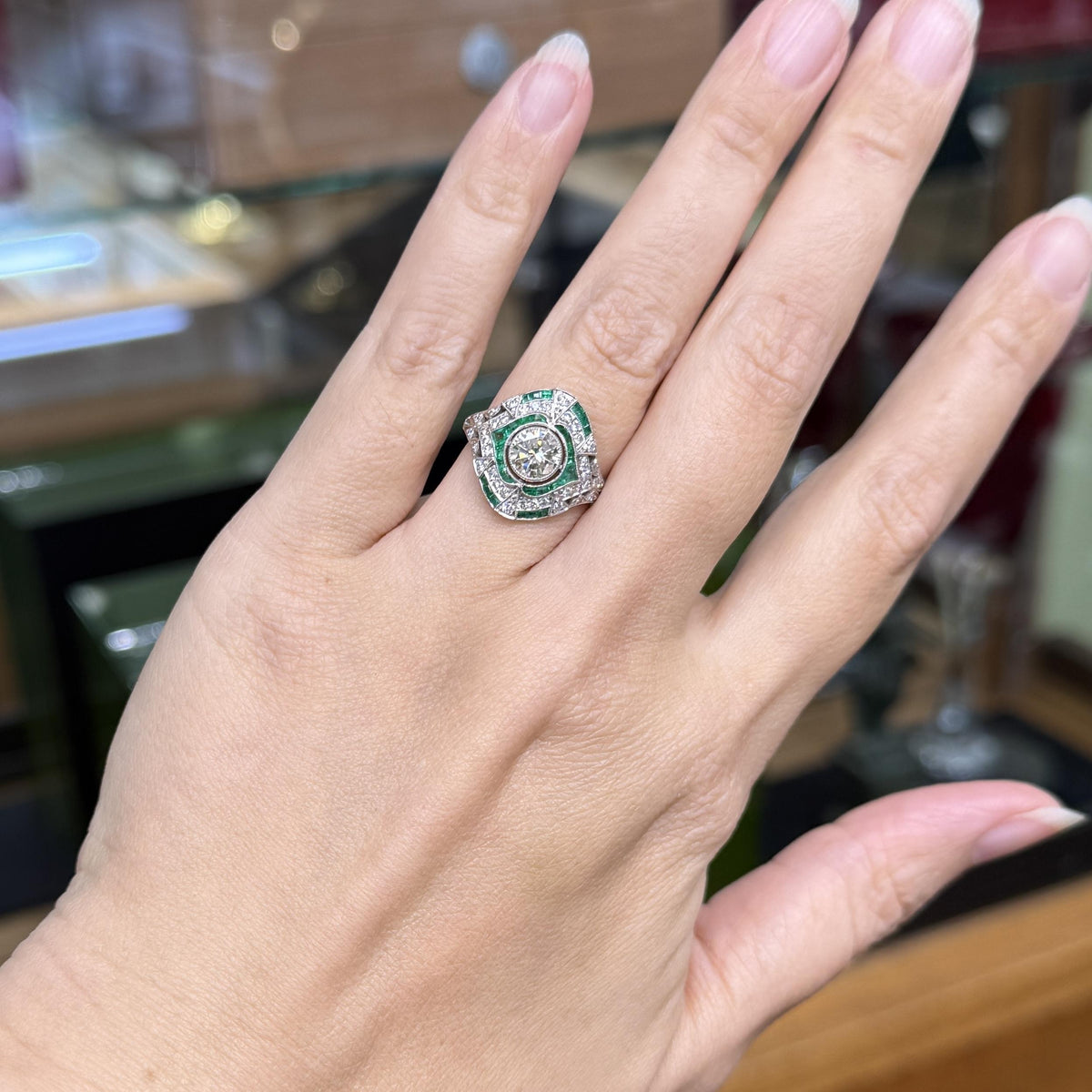 Estate Art Deco Style Emerald and Diamond Ring Platinum