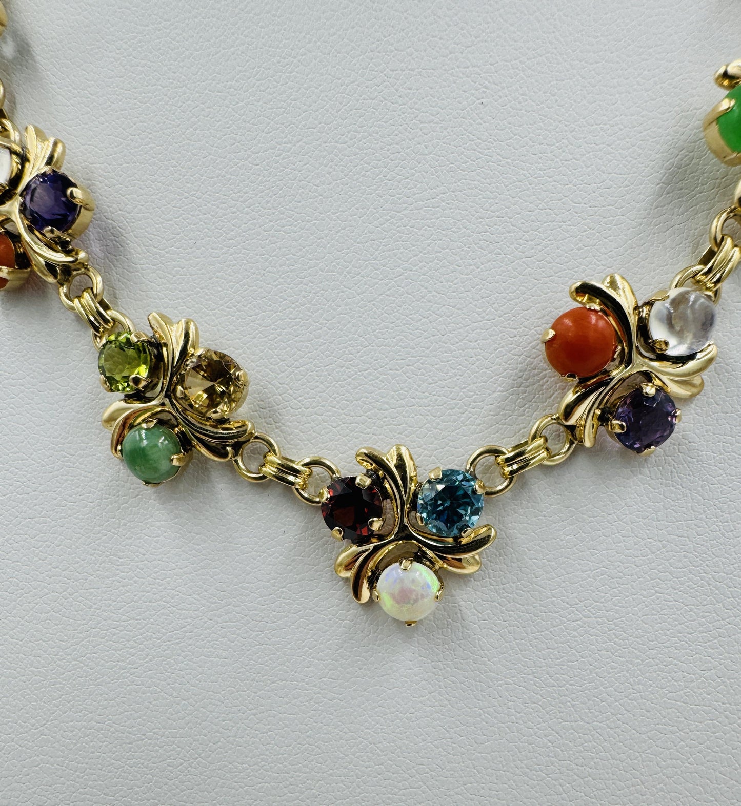 1950's 14k Gold Multi Gemstone Necklace Zircon Coral