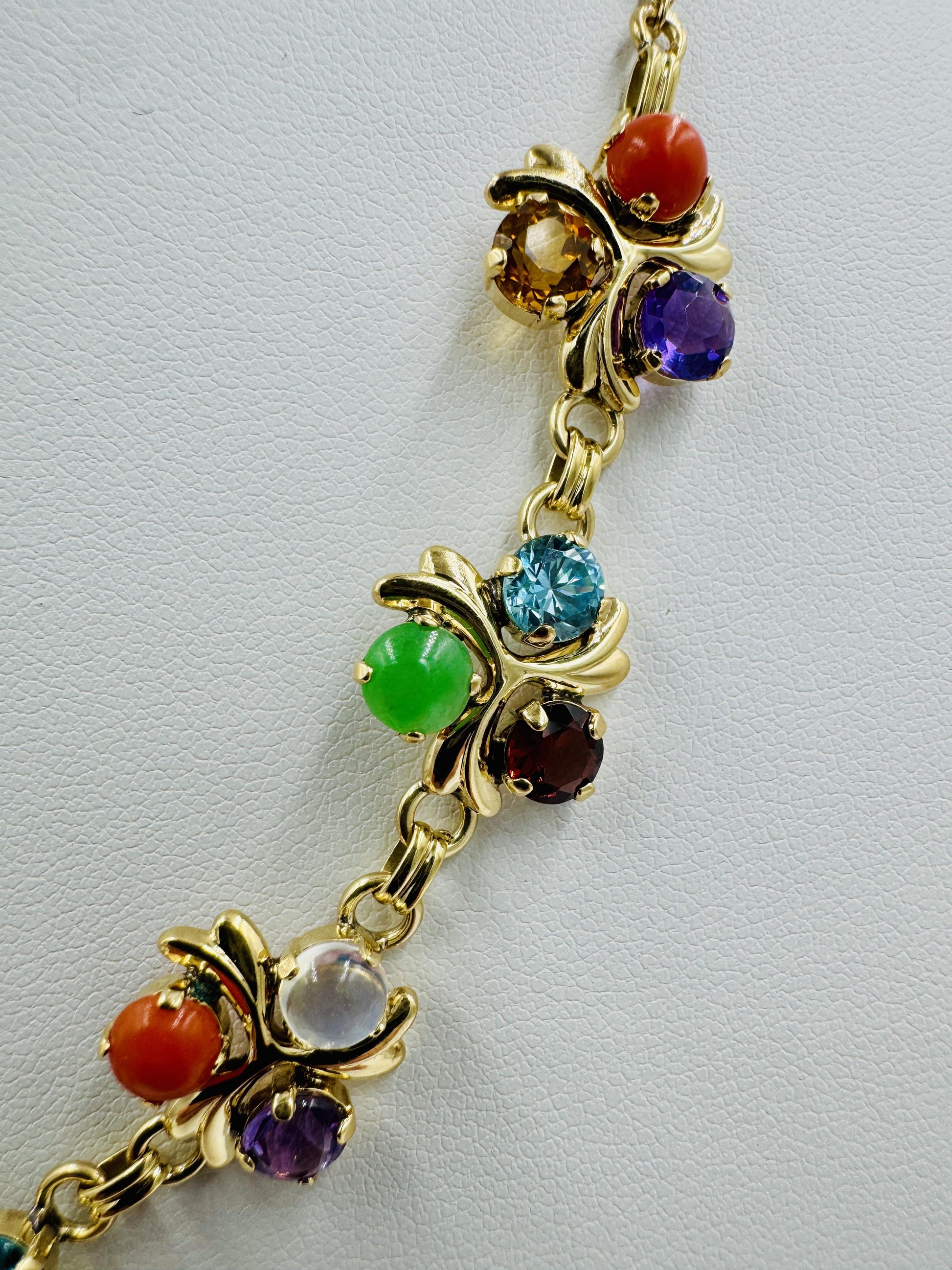 1950's 14k Gold Multi Gemstone Necklace Zircon Coral
