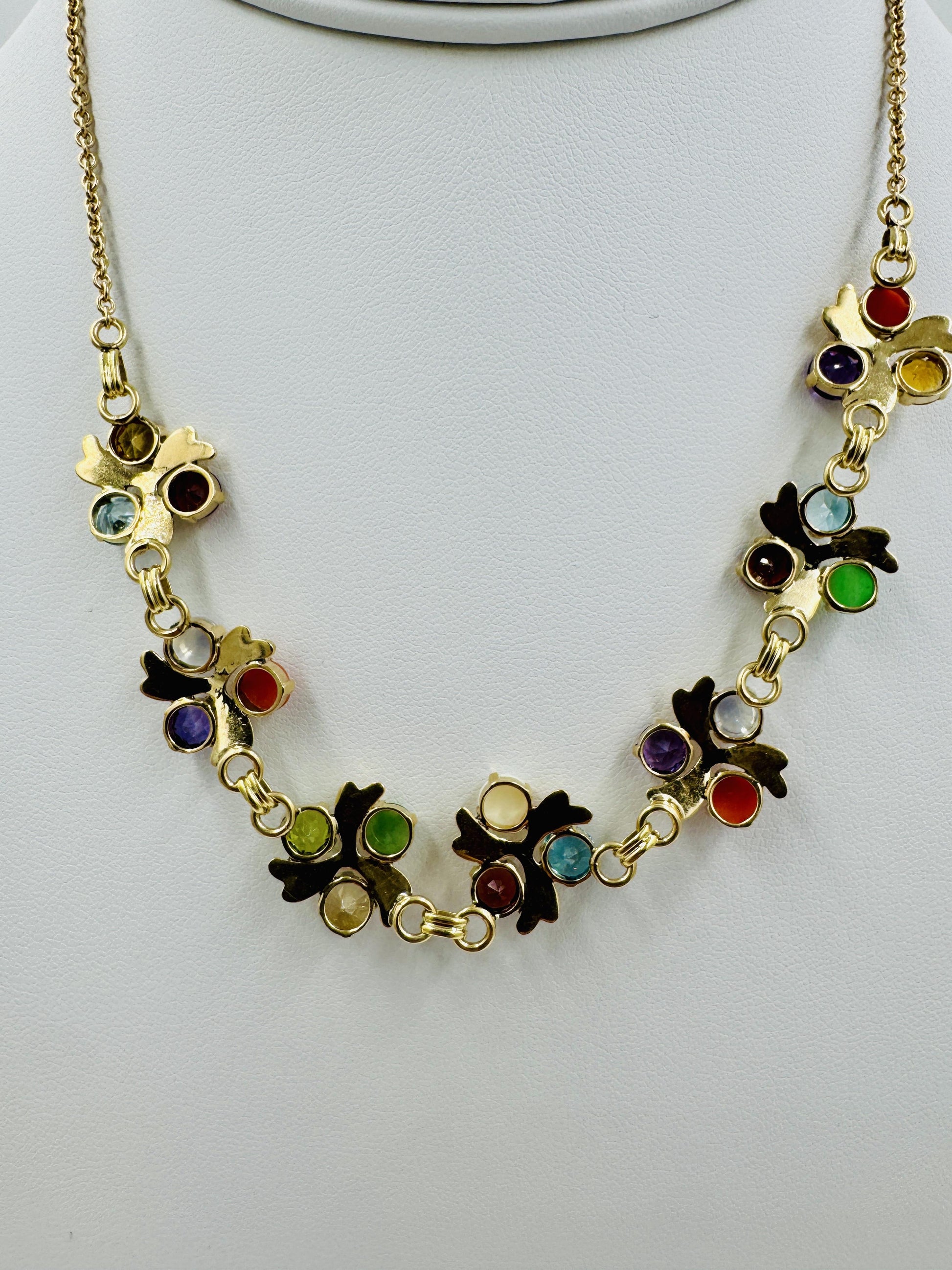 1950's 14k Gold Multi Gemstone Necklace Zircon Coral