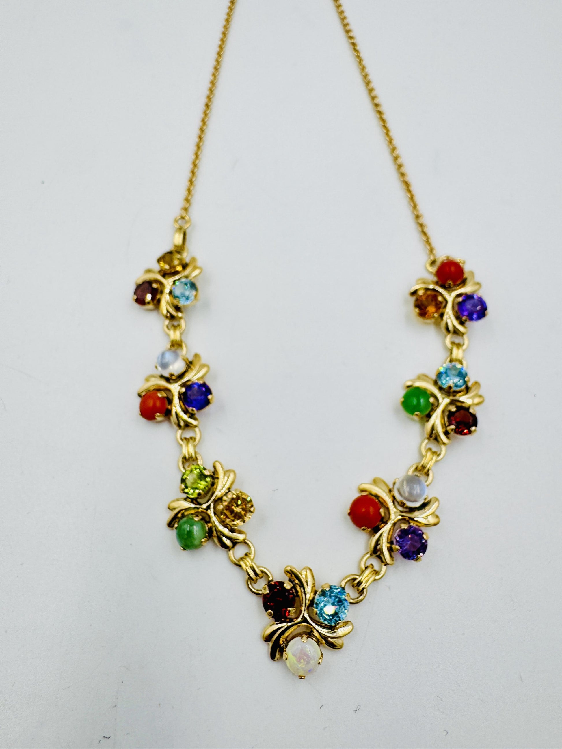 1950's 14k Gold Multi Gemstone Necklace Zircon Coral