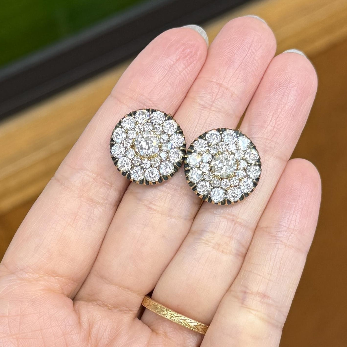 Vintage Old Mine Diamond Cluster-Button Earrings 18k Yellow Gold