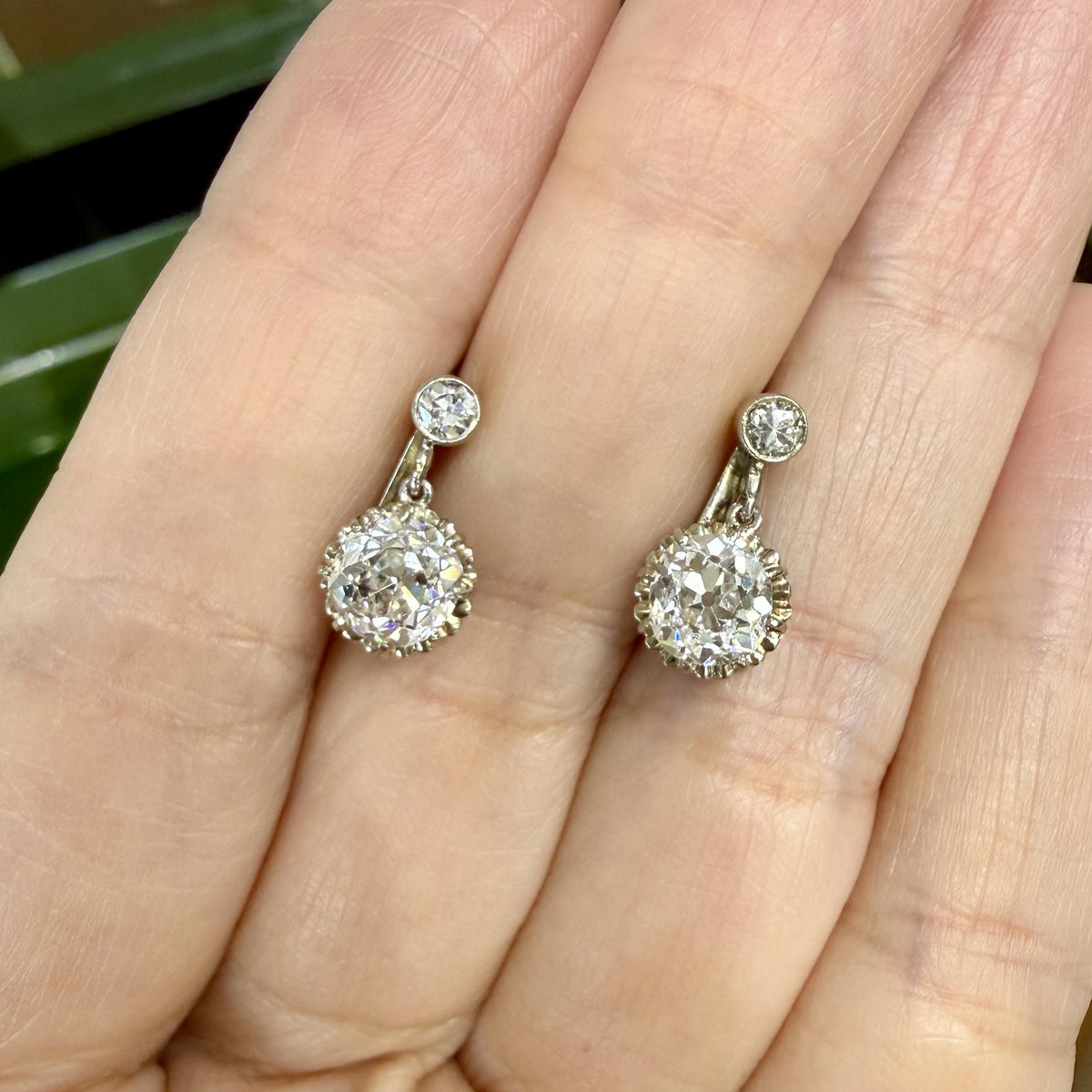 Antique 1920's Old Mine Cut Diamond Dangle Earrings 18k White Gold