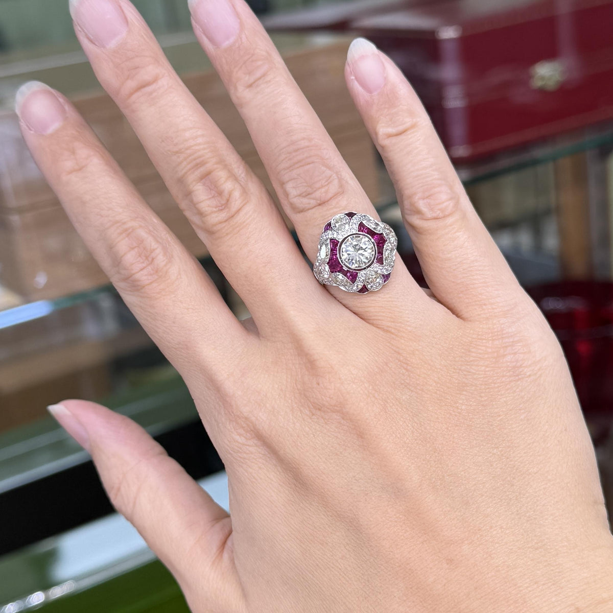 Art Deco Inspired Ruby and Diamond Shield Ring Platinum