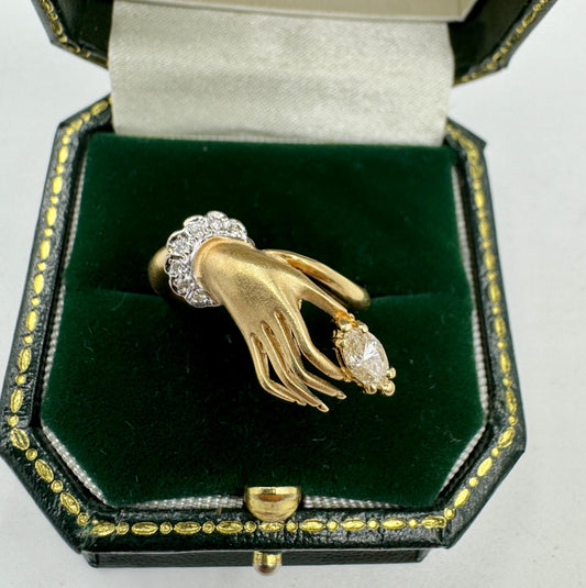 Vintage 18k Gold Diamond Hand Ring Marquise Diamond