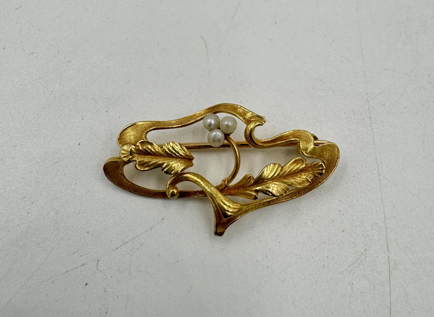 Art Nouveau 14k gold Signed Pearl Brooch Pin